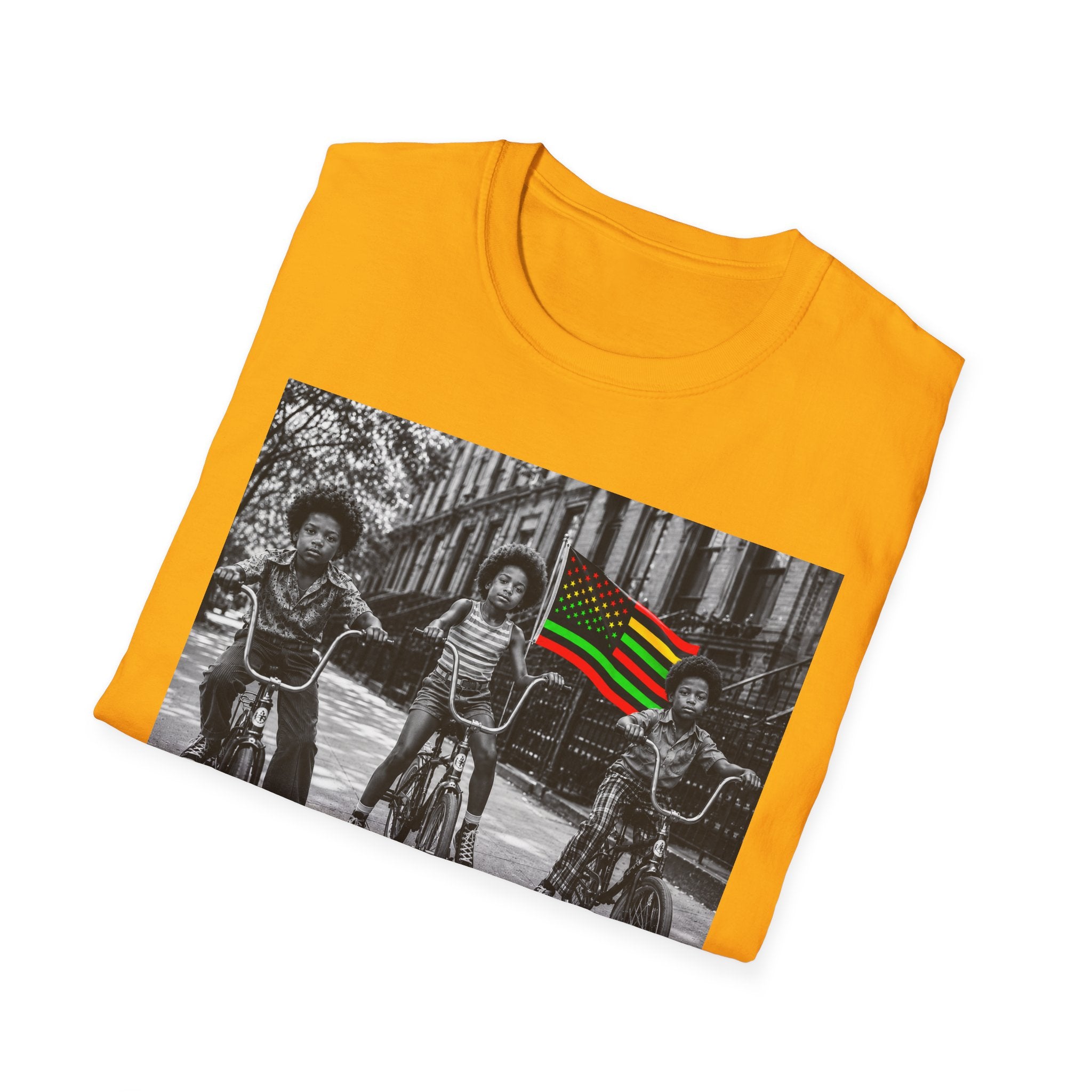 T-Shirt — Retro Black Kids on Bikes with Pan-African Flag