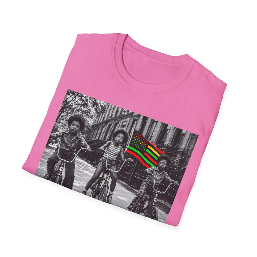 T-Shirt — Retro Black Kids on Bikes with Pan-African Flag