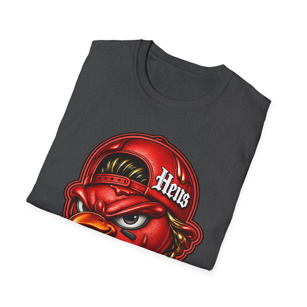 Hen Mascot Graphic T‑Shirt — Red Backwards Cap Design