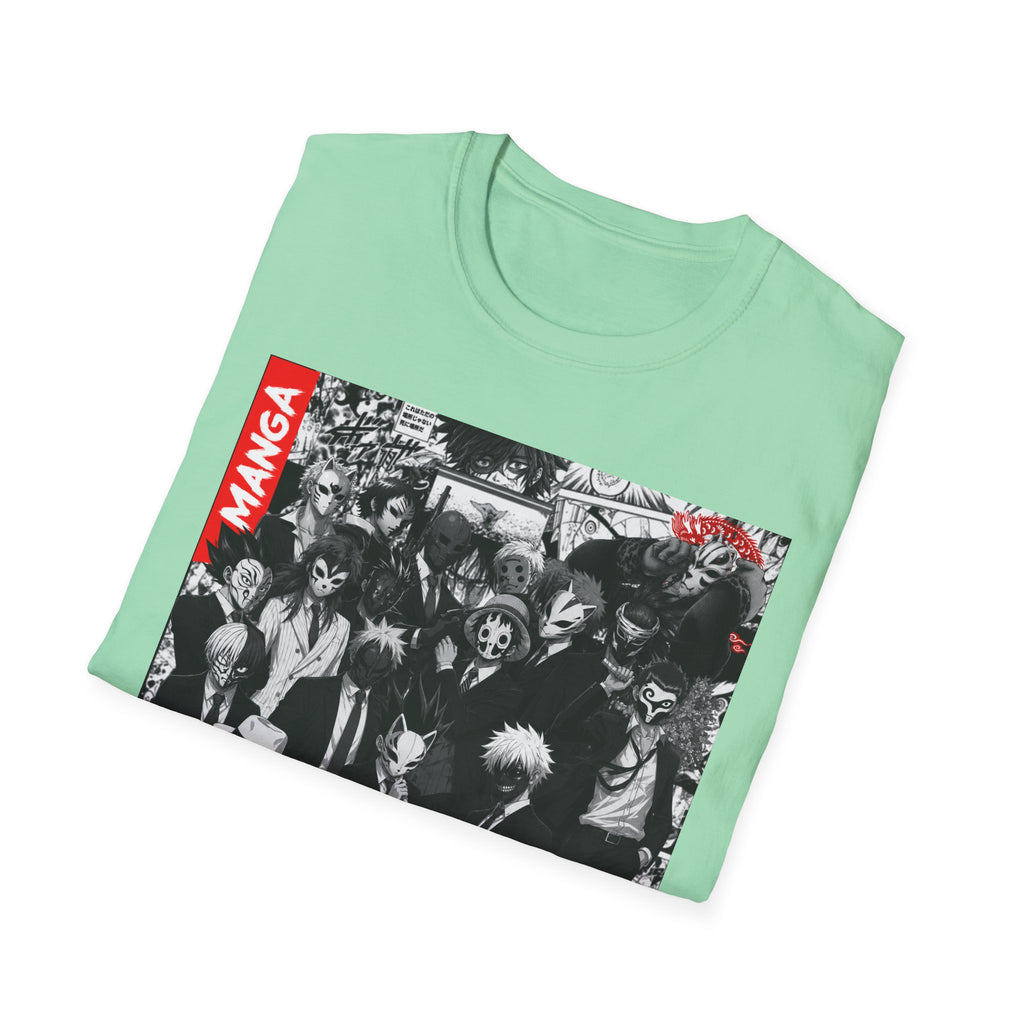Manga Characters Mask Collage T-Shirt – Black & White Anime Graphic Tee