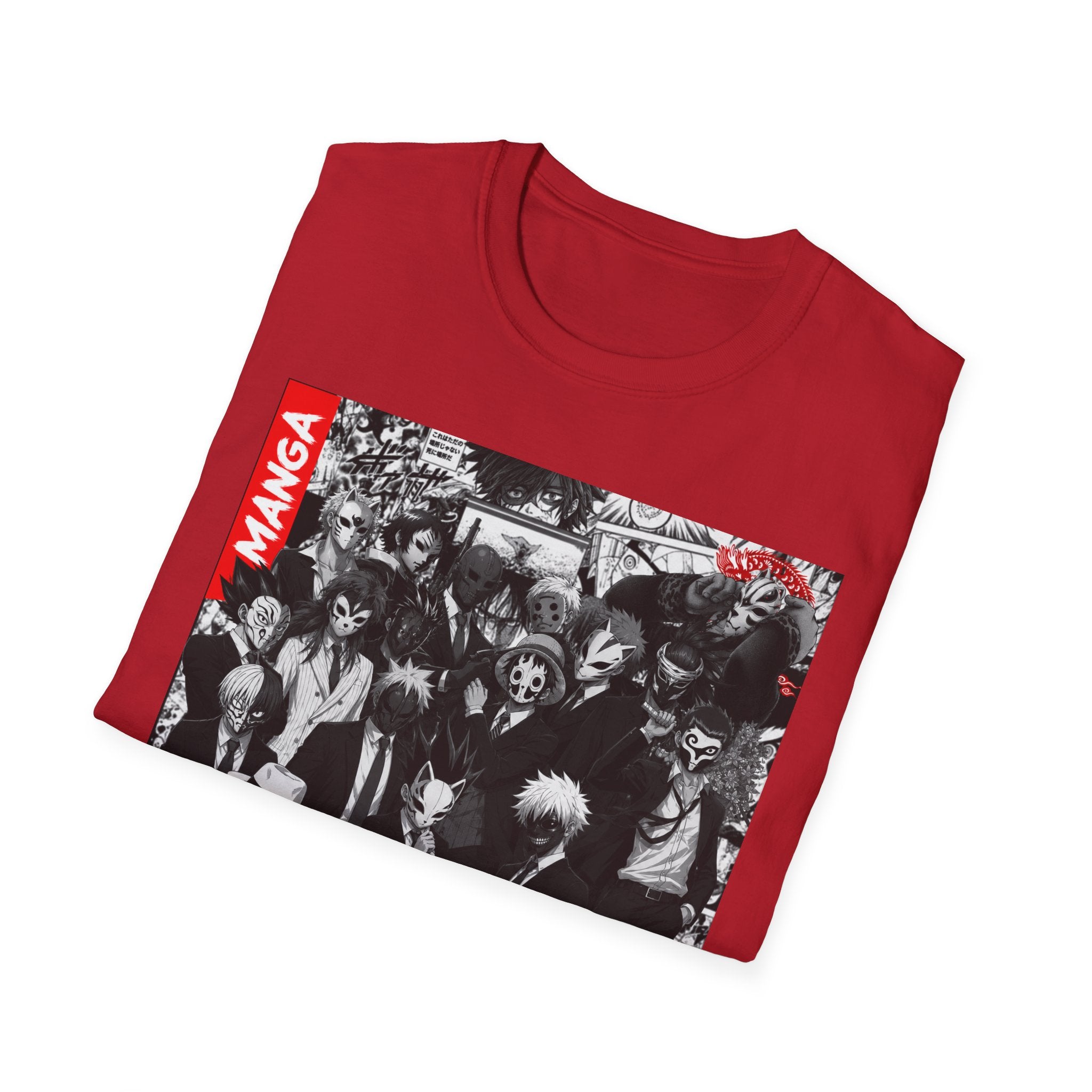 Manga Characters Mask Collage T-Shirt – Black & White Anime Graphic Tee