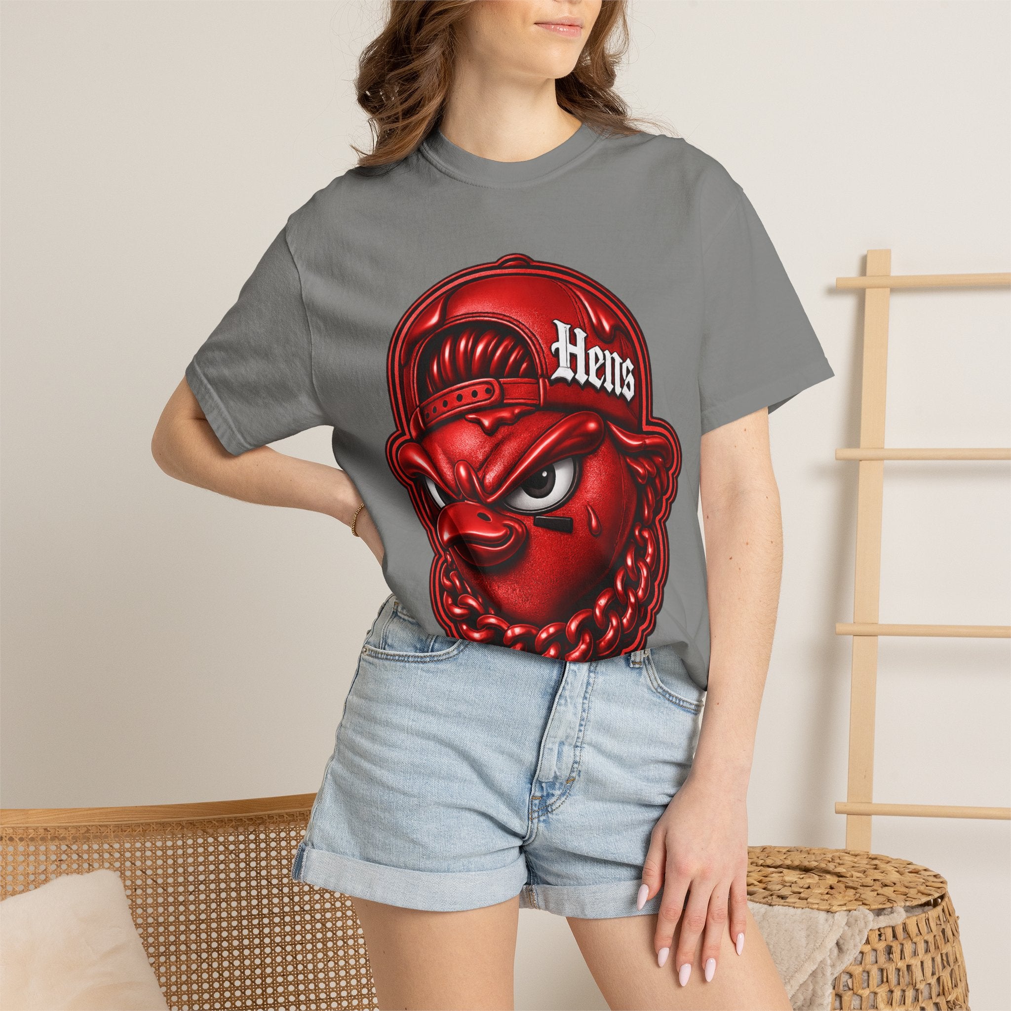 Hens Streetwear Graphic T‑Shirt — Bold Red Mascot Design