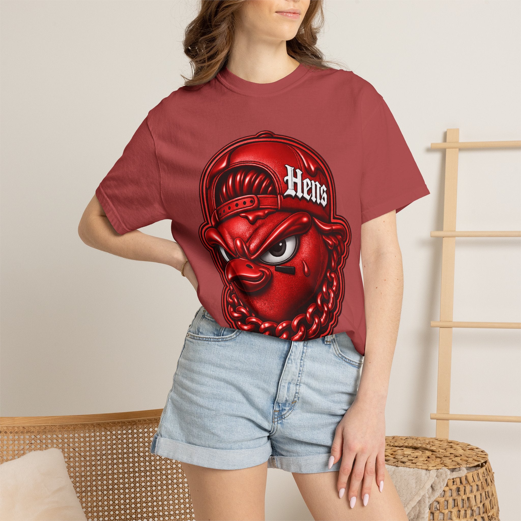 Hens Streetwear Graphic T‑Shirt — Bold Red Mascot Design