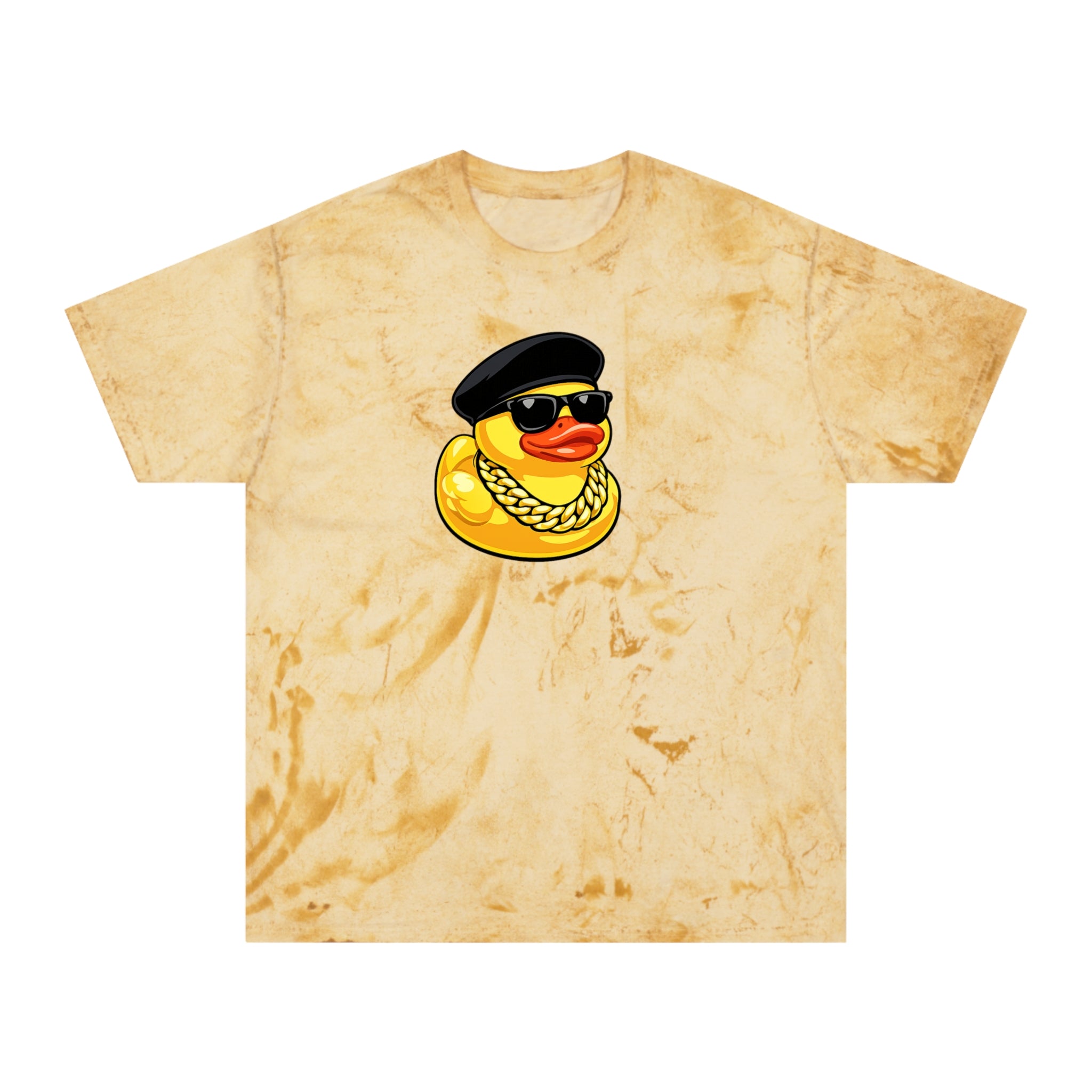 Retro Rubber Duck T-Shirt — Gold Tie-Dye with Cool Duck Graphic