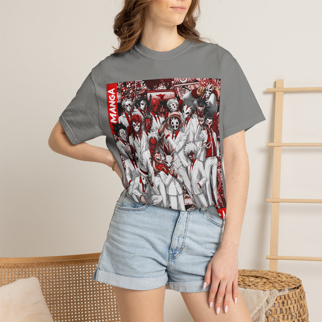Manga Crew Graphic T-Shirt — Red Noir Anime Group Illustration