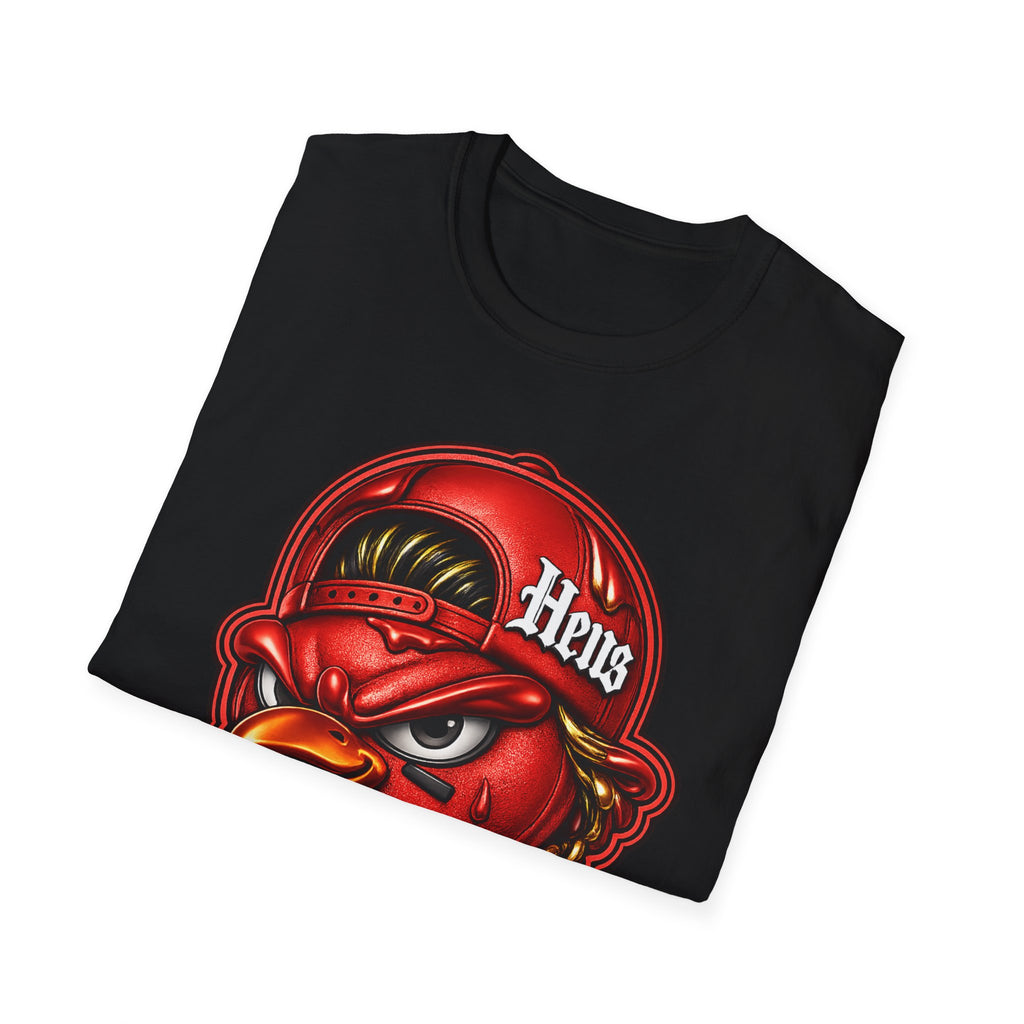 Hen Mascot Graphic T‑Shirt — Red Backwards Cap Design