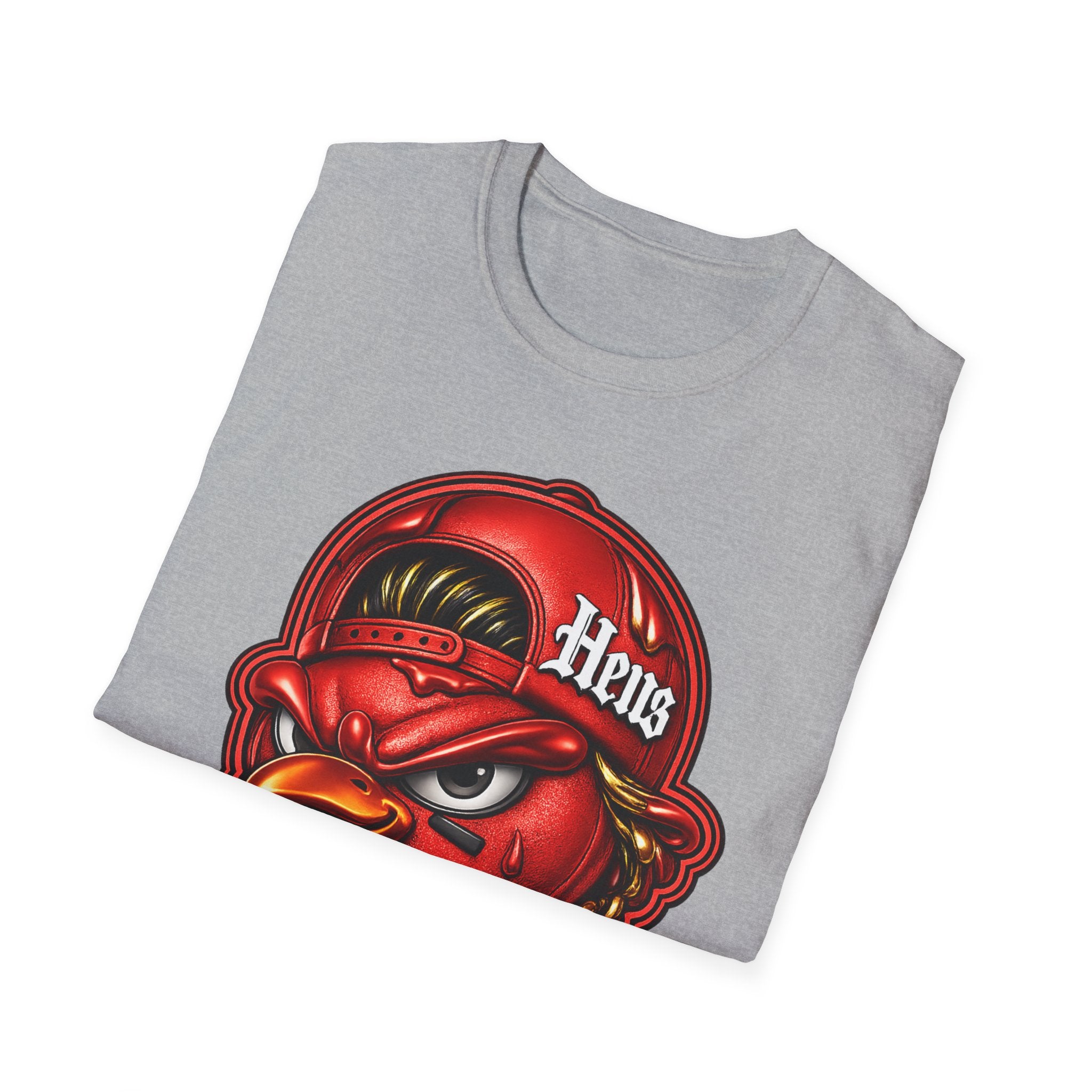 Hen Mascot Graphic T‑Shirt — Red Backwards Cap Design
