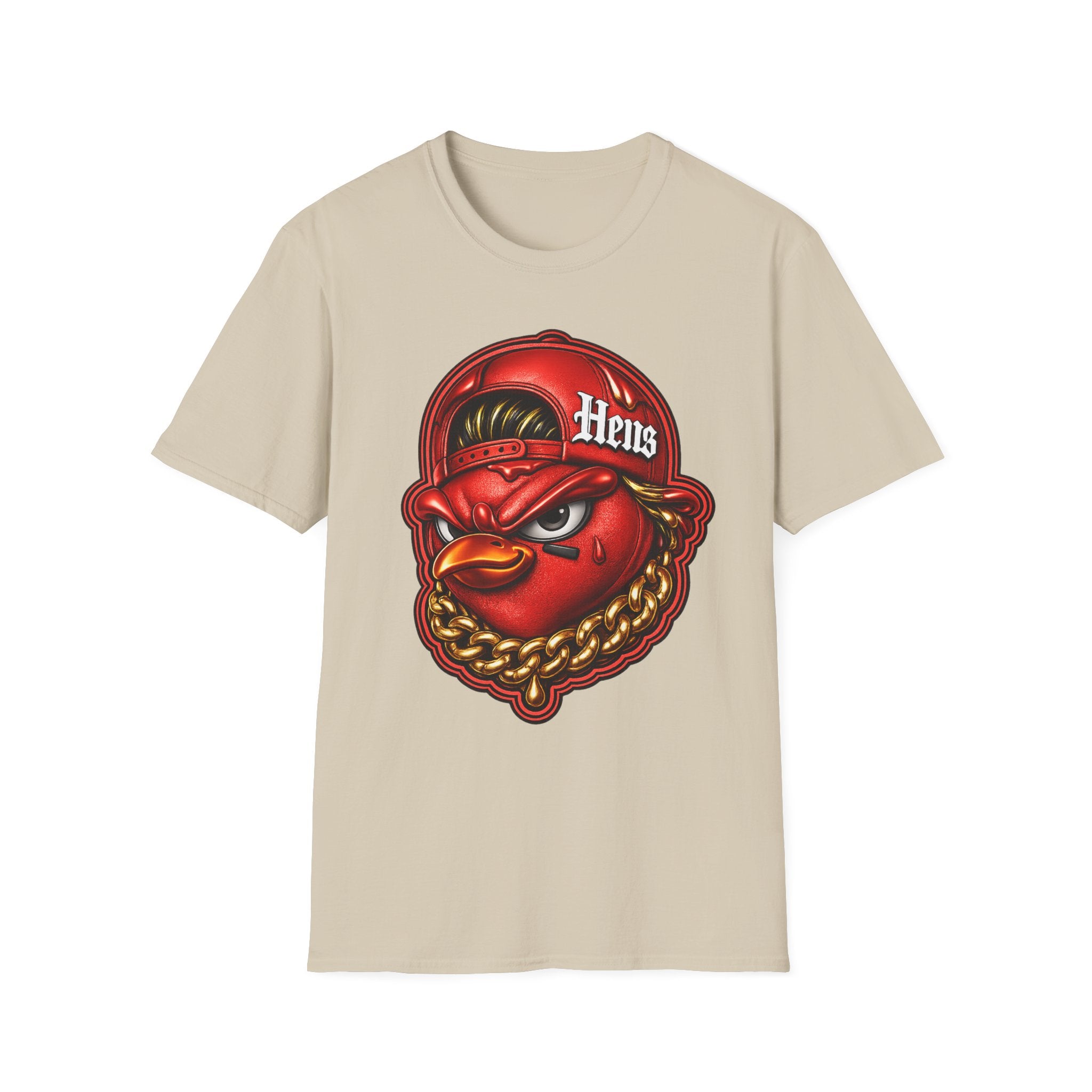 Hen Mascot Graphic T‑Shirt — Red Backwards Cap Design