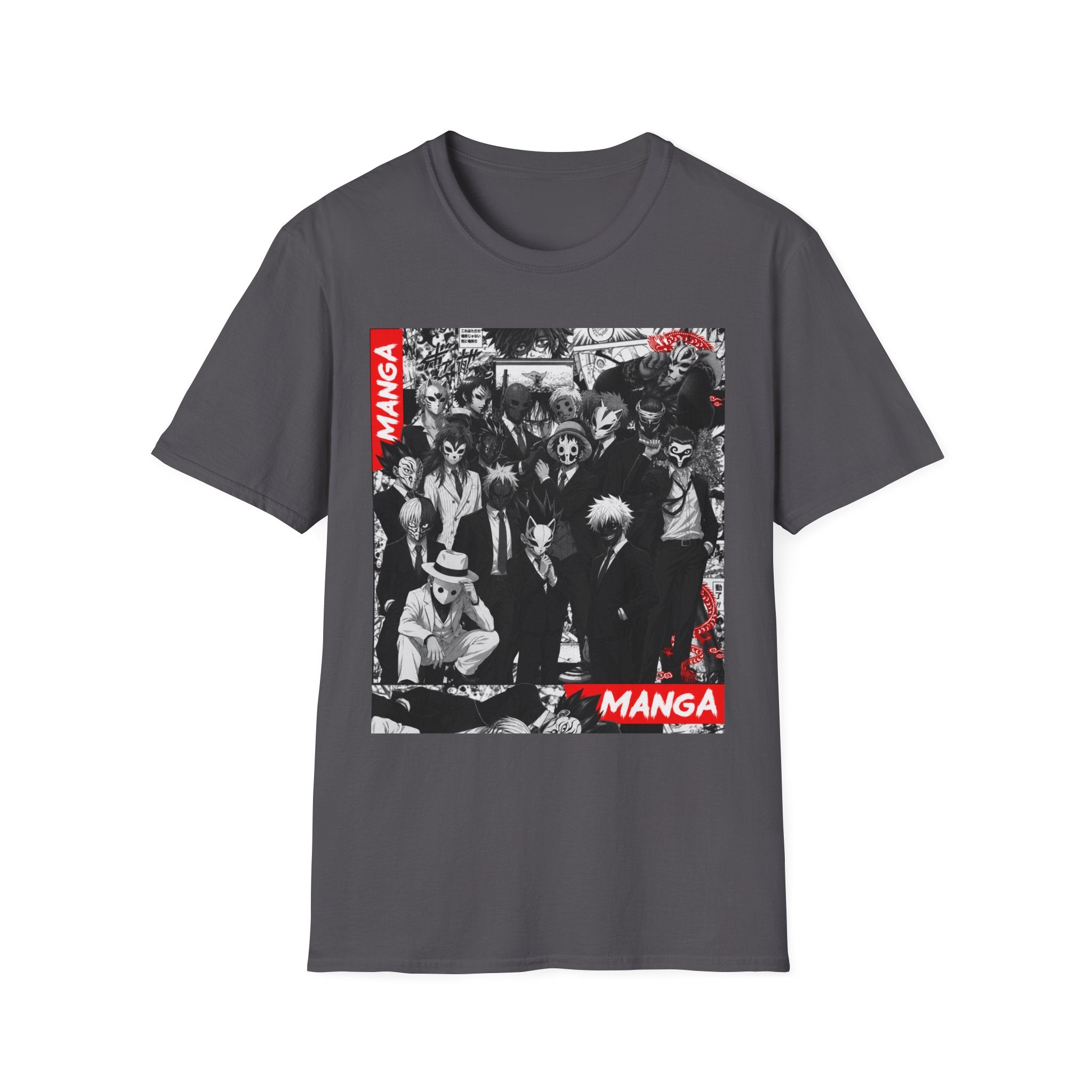 Manga Characters Mask Collage T-Shirt – Black & White Anime Graphic Tee