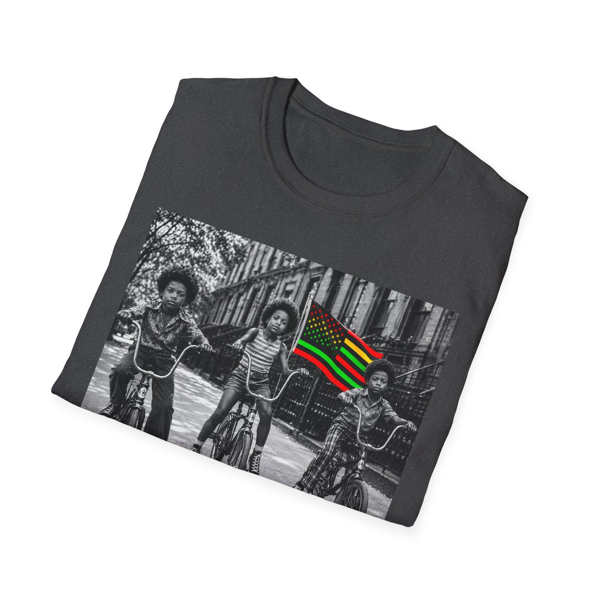 T-Shirt — Retro Black Kids on Bikes with Pan-African Flag