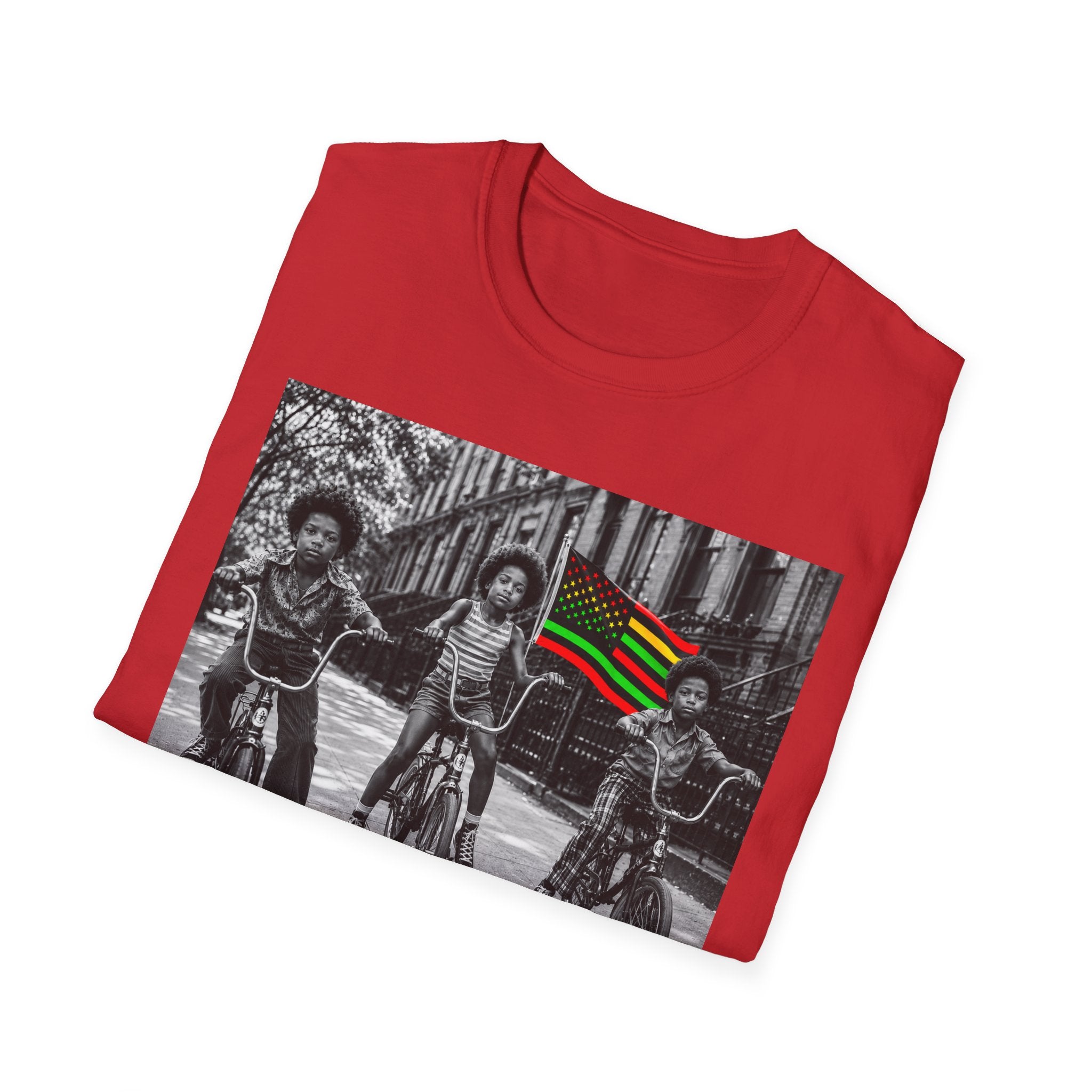 T-Shirt — Retro Black Kids on Bikes with Pan-African Flag