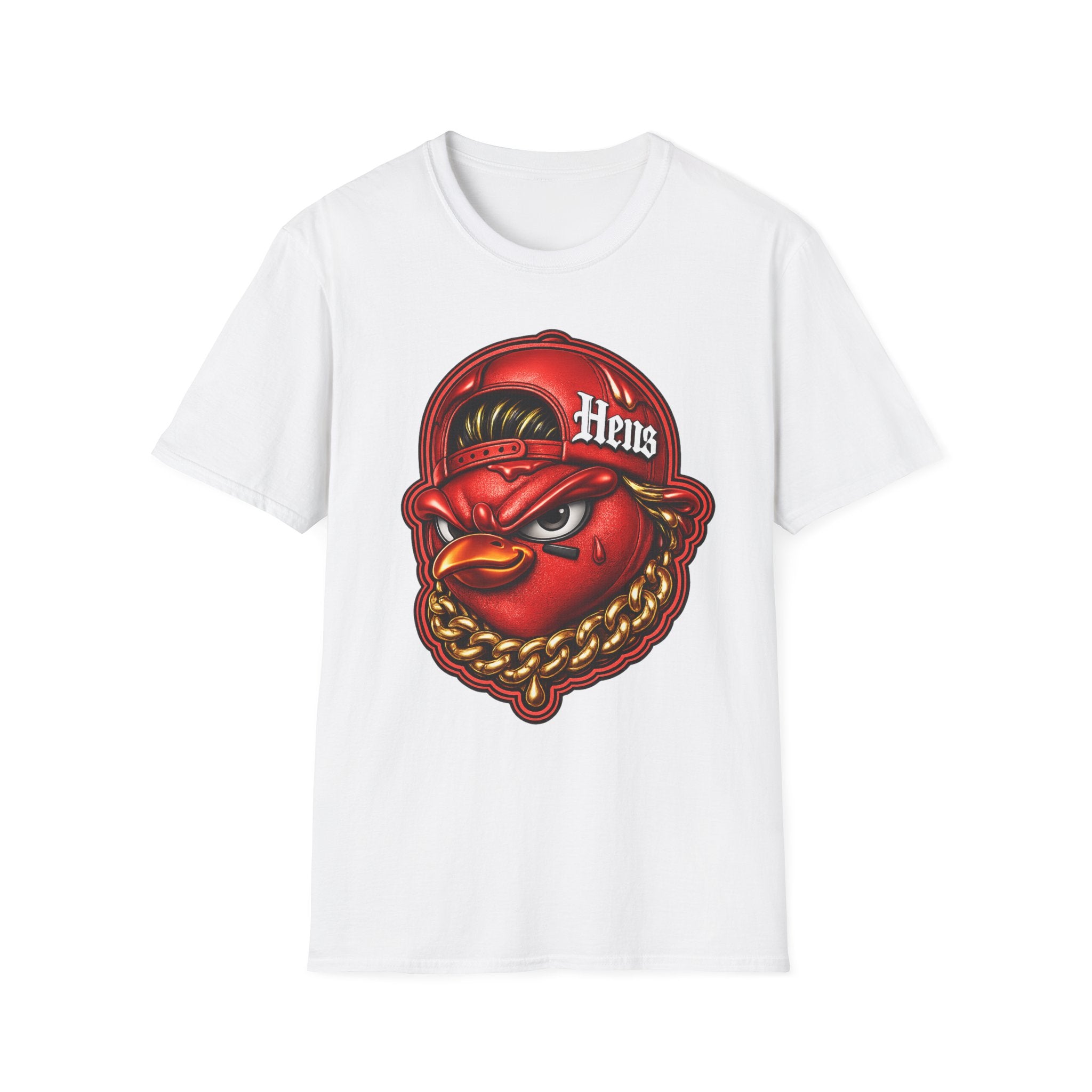 Hen Mascot Graphic T‑Shirt — Red Backwards Cap Design