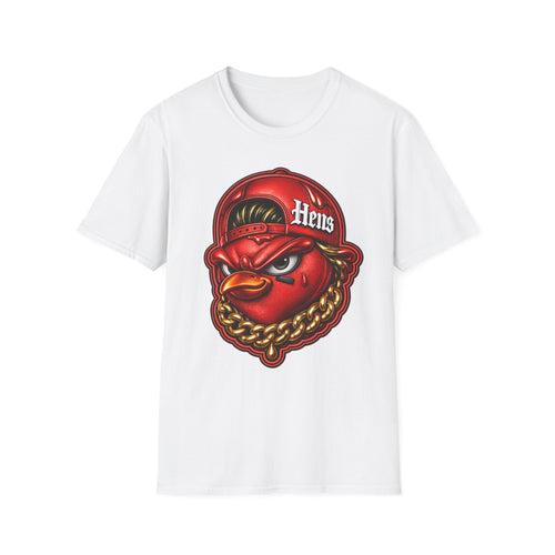 Hen Mascot Graphic T‑Shirt — Red Backwards Cap Design