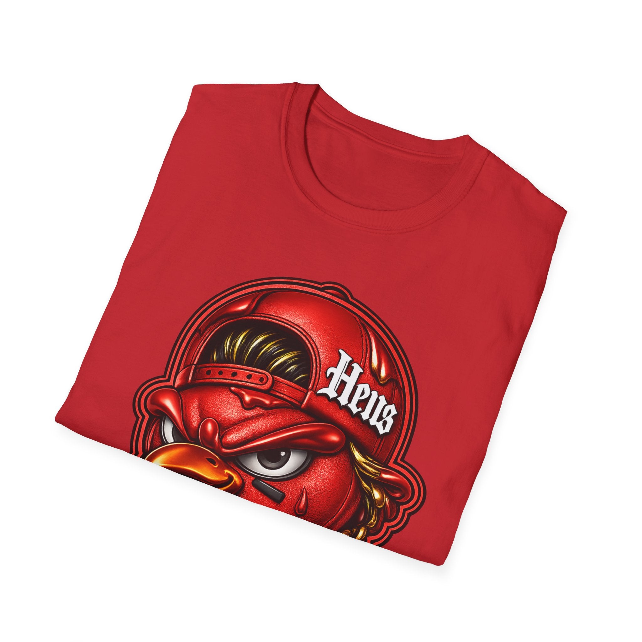 Hen Mascot Graphic T‑Shirt — Red Backwards Cap Design