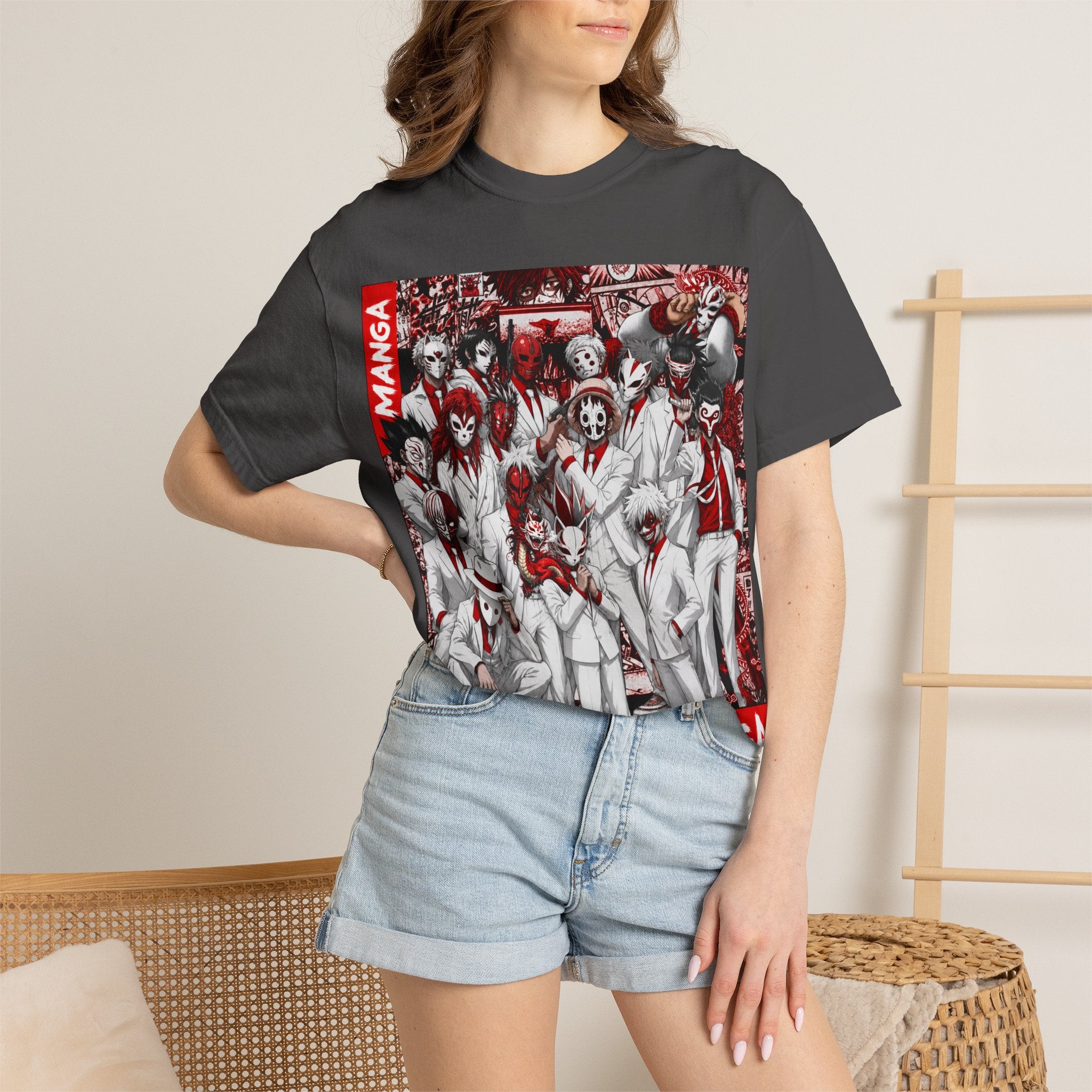Manga Crew Graphic T-Shirt — Red Noir Anime Group Illustration