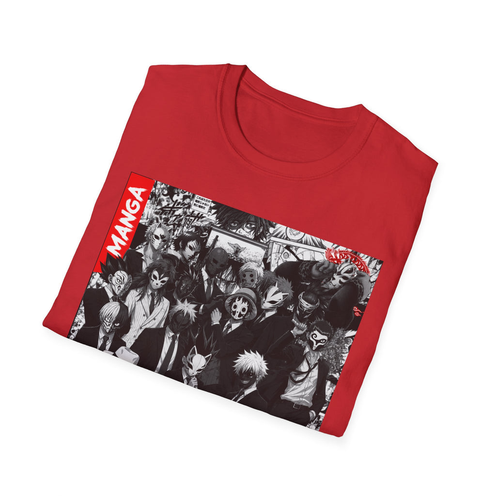 Manga Characters Mask Collage T-Shirt – Black & White Anime Graphic Tee