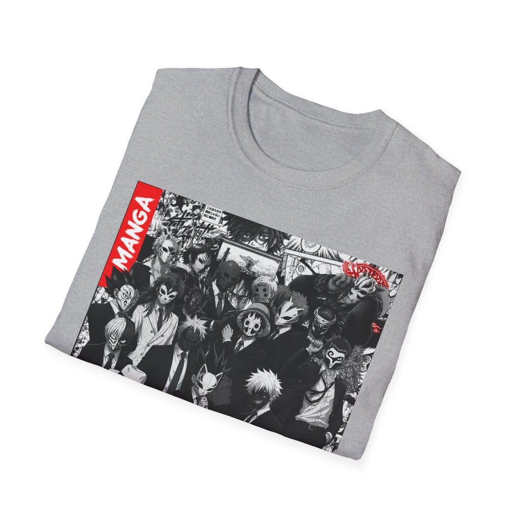 Manga Characters Mask Collage T-Shirt – Black & White Anime Graphic Tee