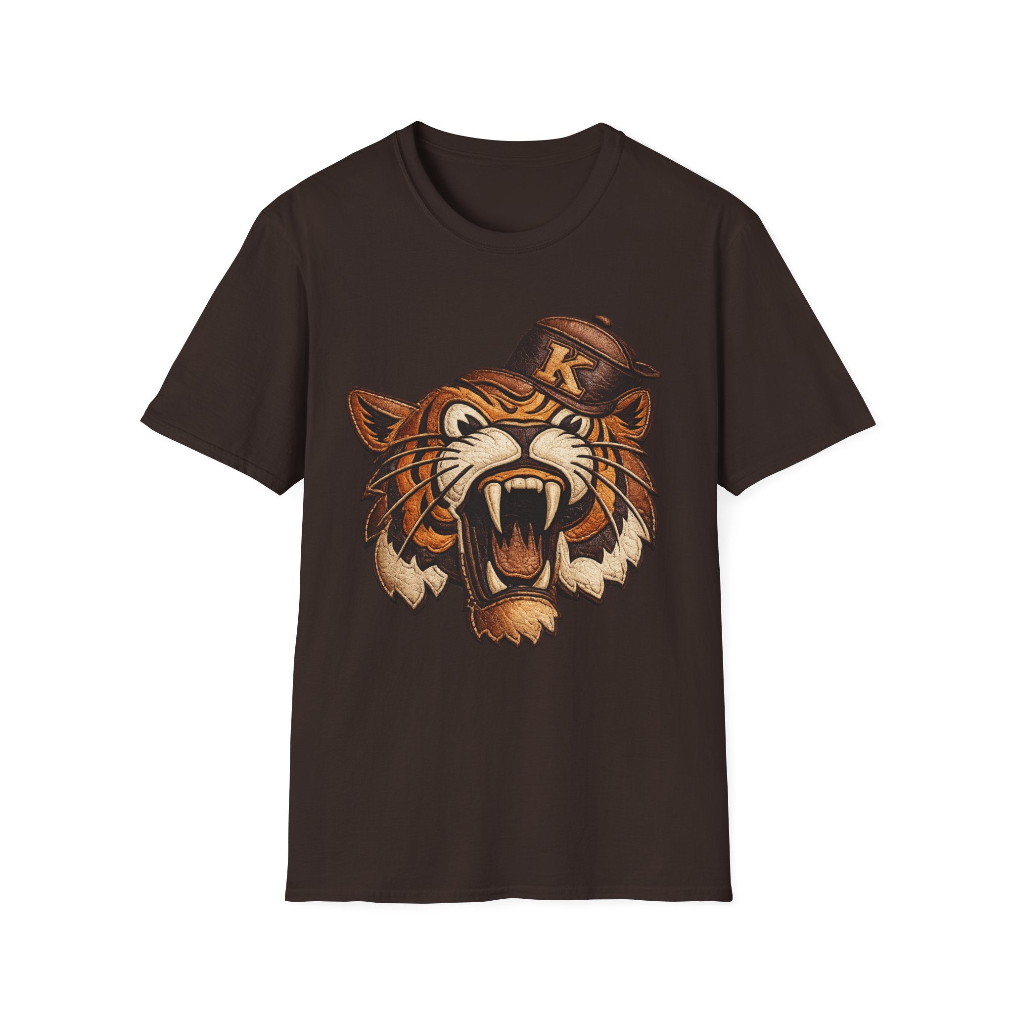 Vintage Roaring Tiger Graphic T-Shirt — Retro K Leather logo Big Cat Design