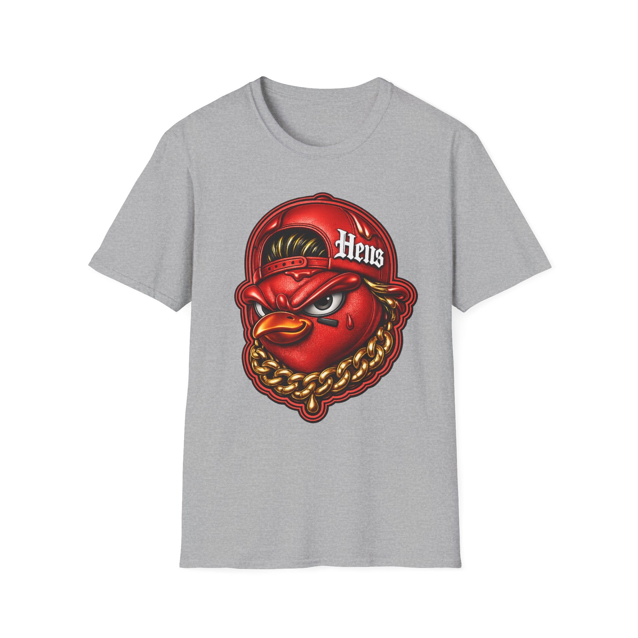 Hen Mascot Graphic T‑Shirt — Red Backwards Cap Design