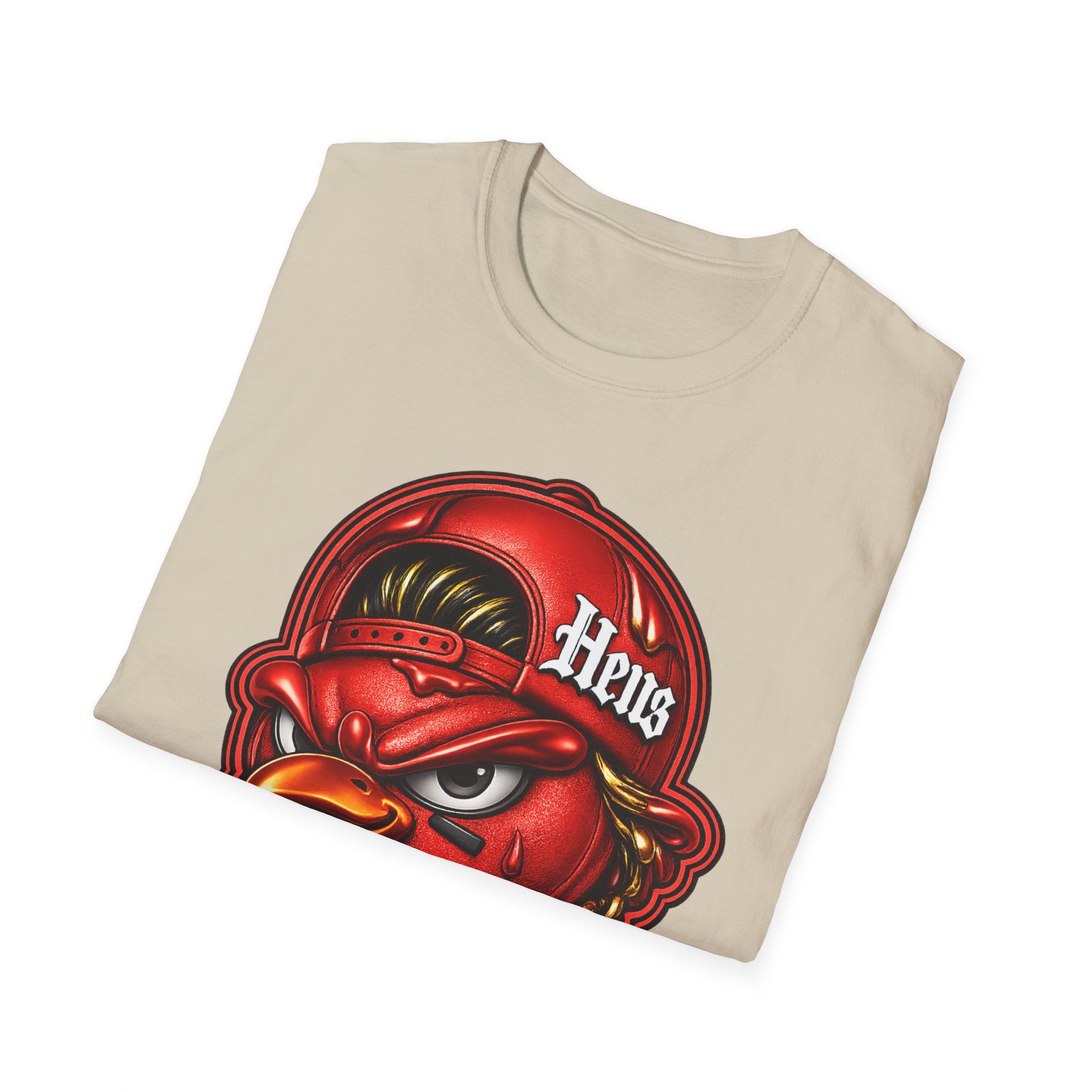 Hen Mascot Graphic T‑Shirt — Red Backwards Cap Design