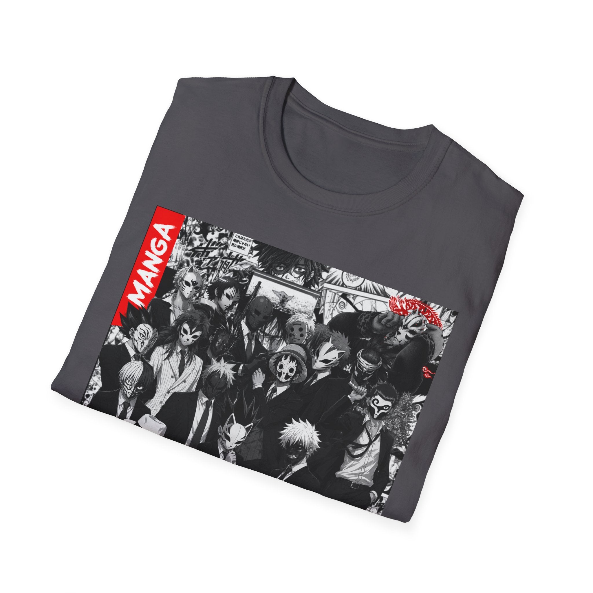 Manga Characters Mask Collage T-Shirt – Black & White Anime Graphic Tee