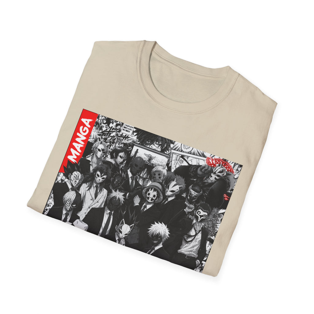 Manga Characters Mask Collage T-Shirt – Black & White Anime Graphic Tee