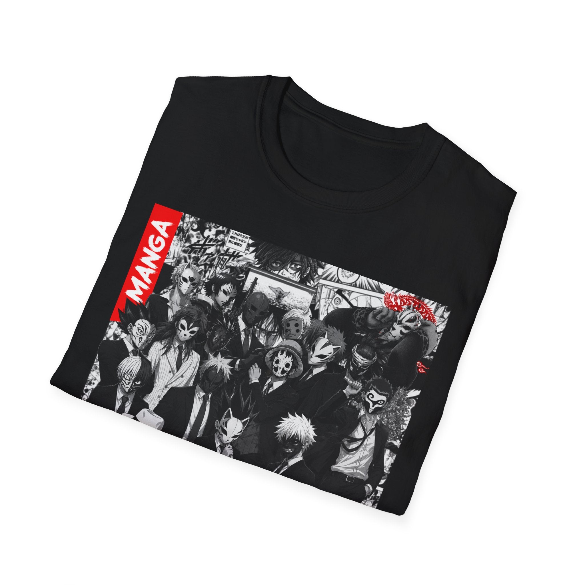Manga Characters Mask Collage T-Shirt – Black & White Anime Graphic Tee