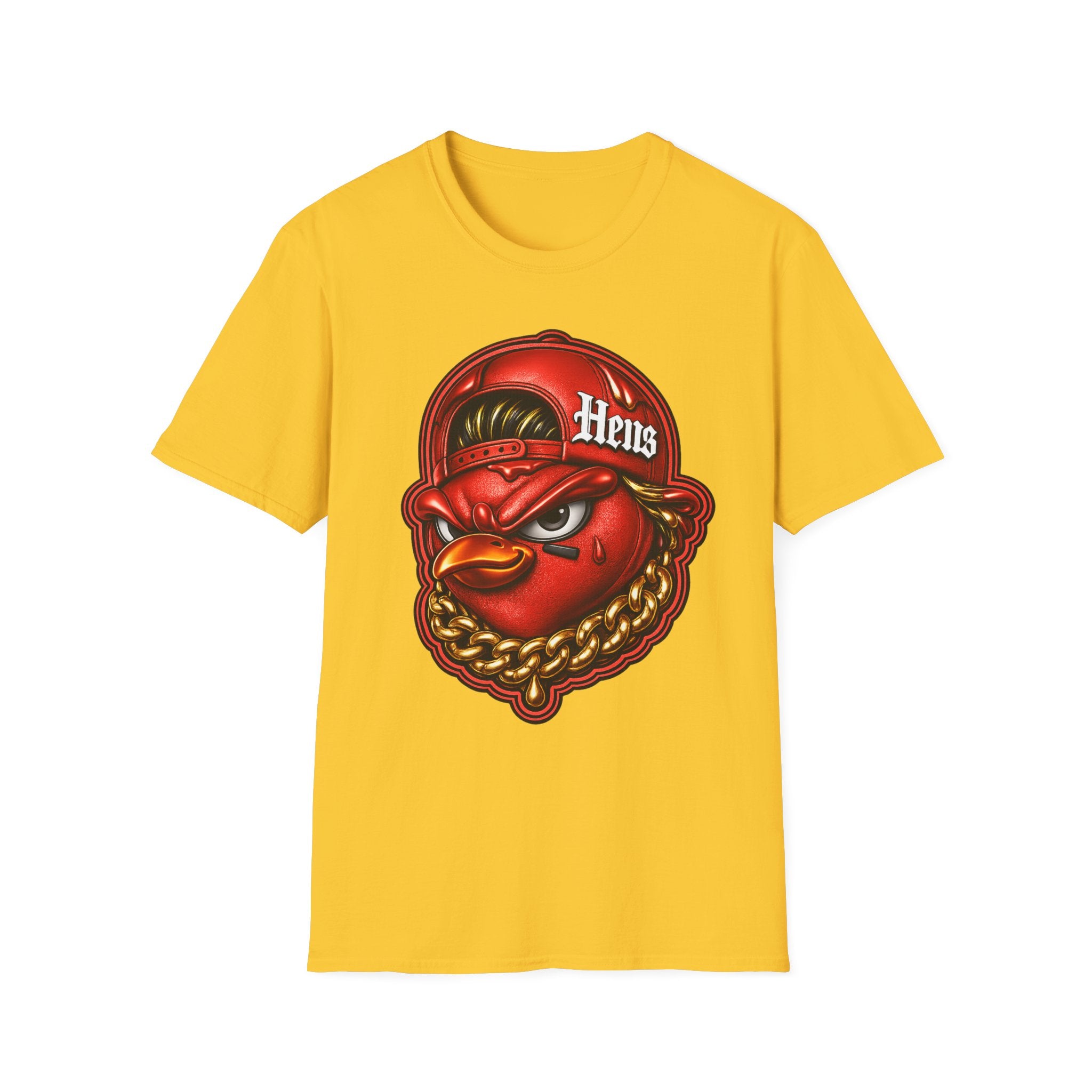 Hen Mascot Graphic T‑Shirt — Red Backwards Cap Design