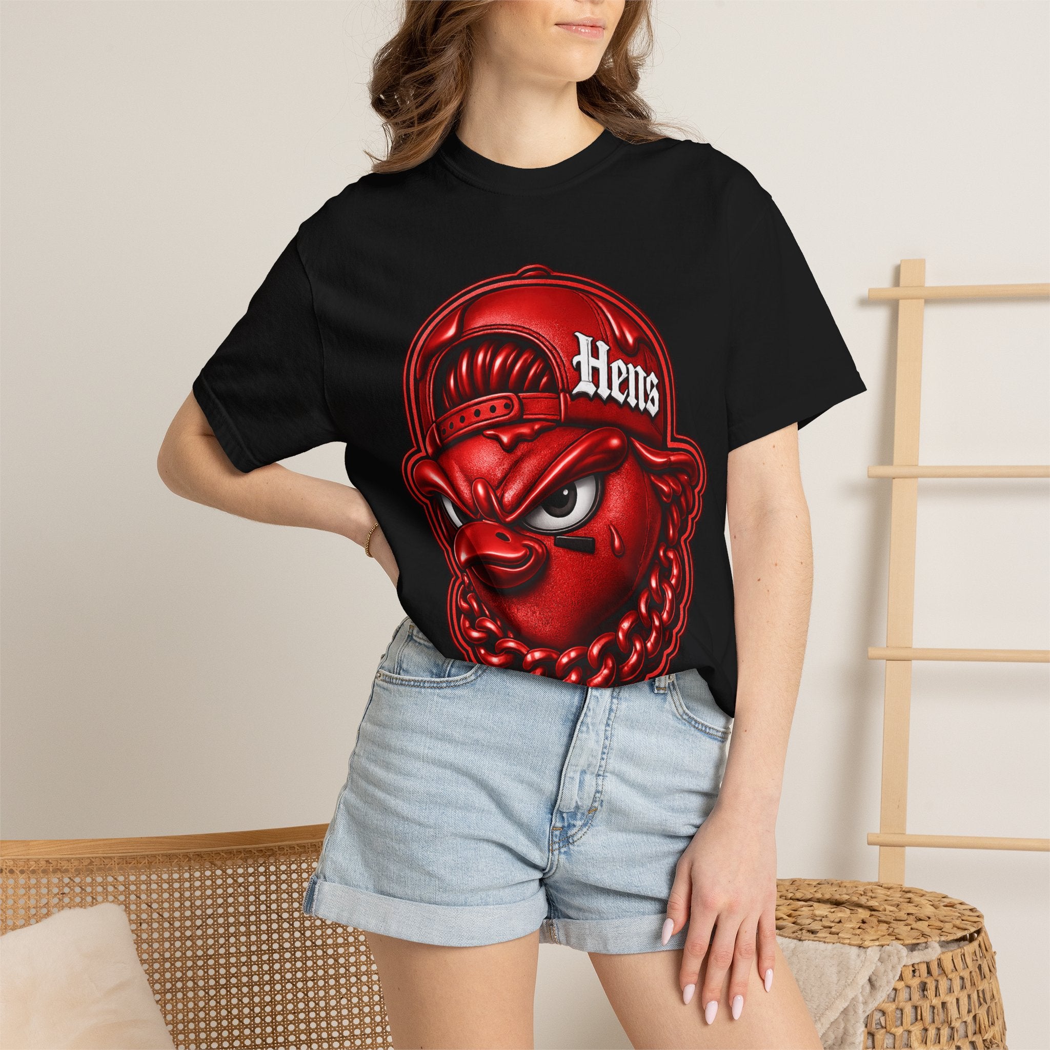 Hens Streetwear Graphic T‑Shirt — Bold Red Mascot Design
