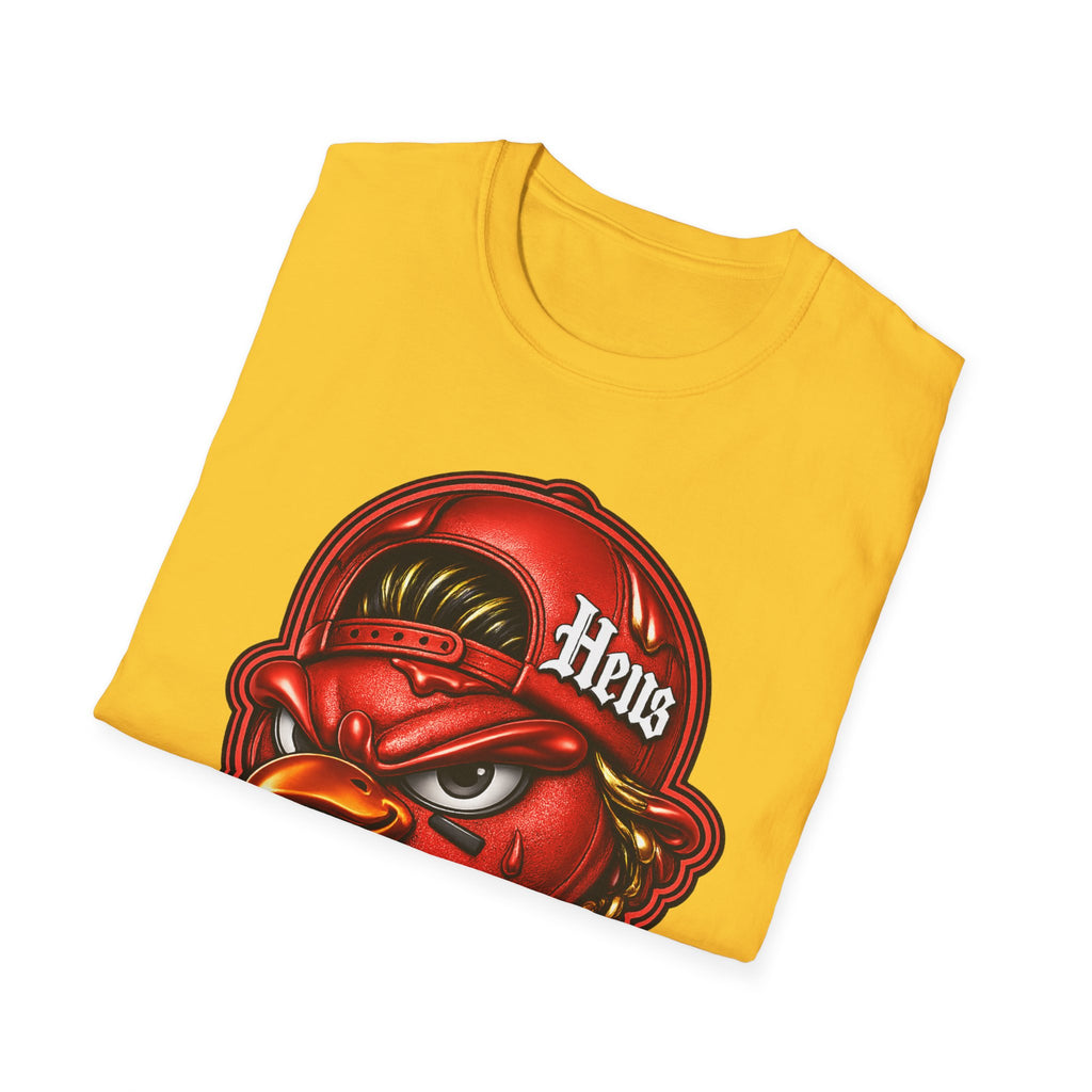 Hen Mascot Graphic T‑Shirt — Red Backwards Cap Design