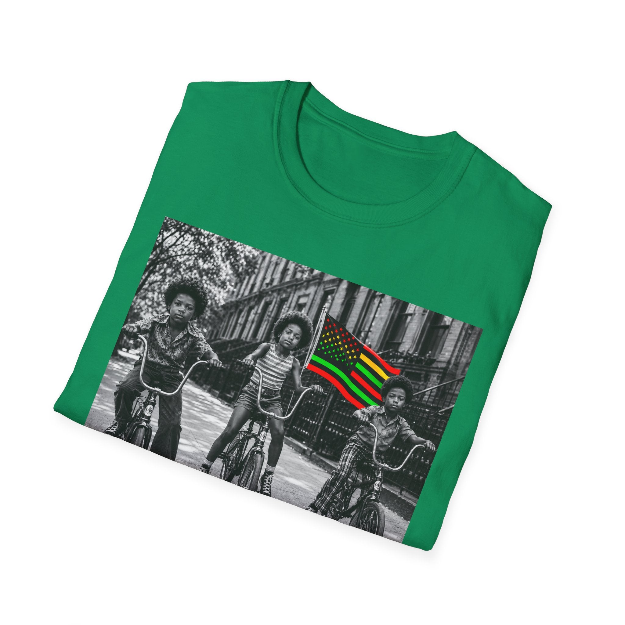 T-Shirt — Retro Black Kids on Bikes with Pan-African Flag