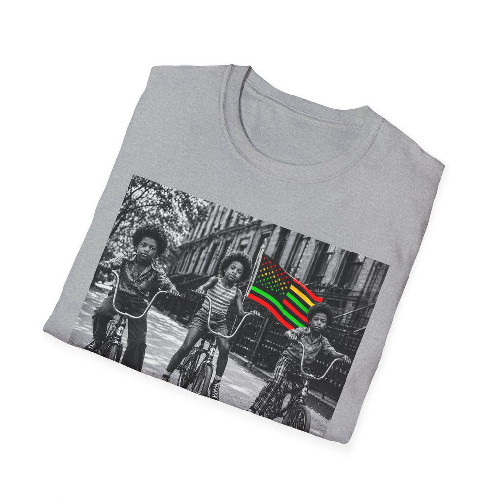 T-Shirt — Retro Black Kids on Bikes with Pan-African Flag