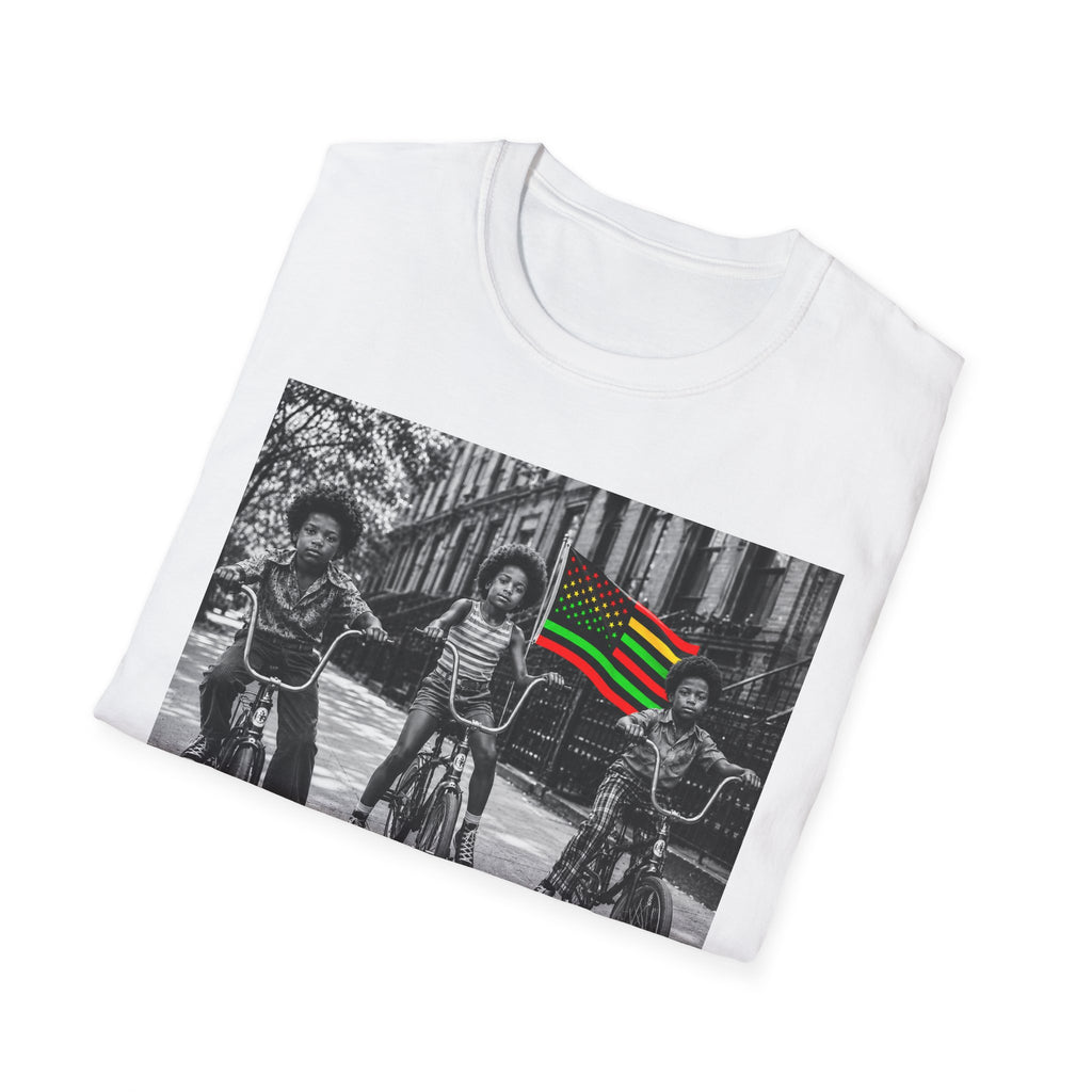 T-Shirt — Retro Black Kids on Bikes with Pan-African Flag