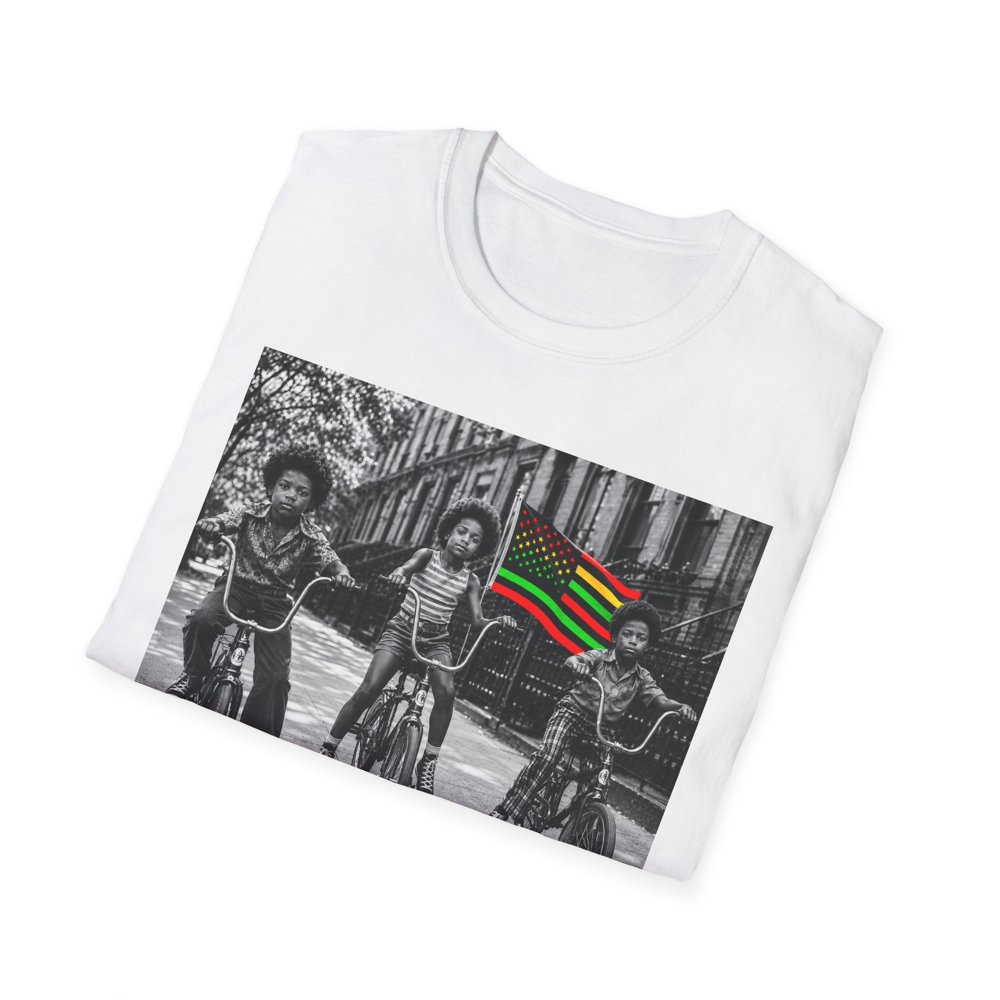 T-Shirt — Retro Black Kids on Bikes with Pan-African Flag
