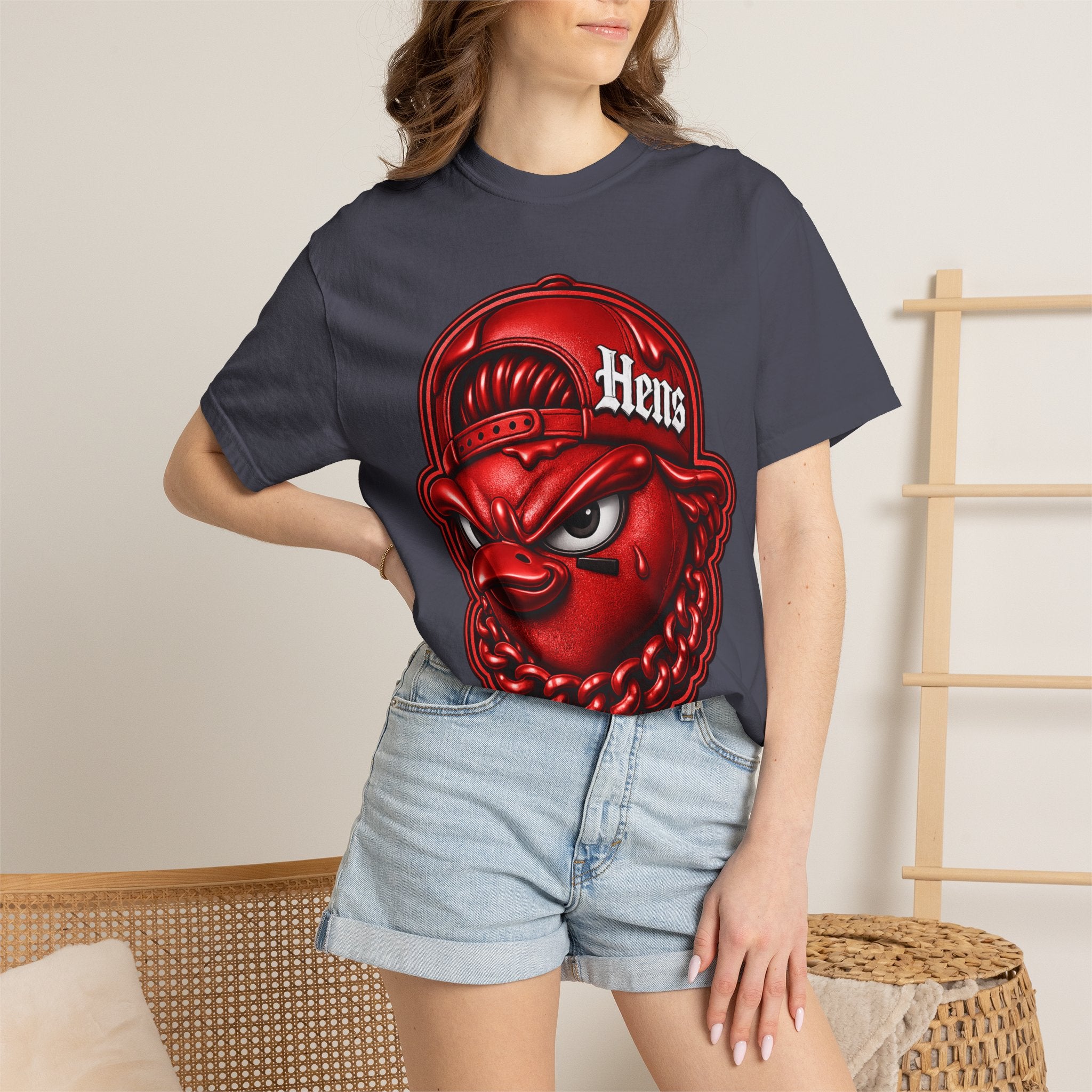 Hens Streetwear Graphic T‑Shirt — Bold Red Mascot Design