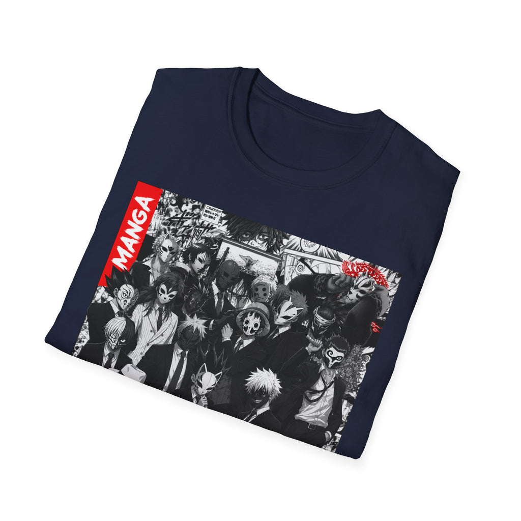 Manga Characters Mask Collage T-Shirt – Black & White Anime Graphic Tee