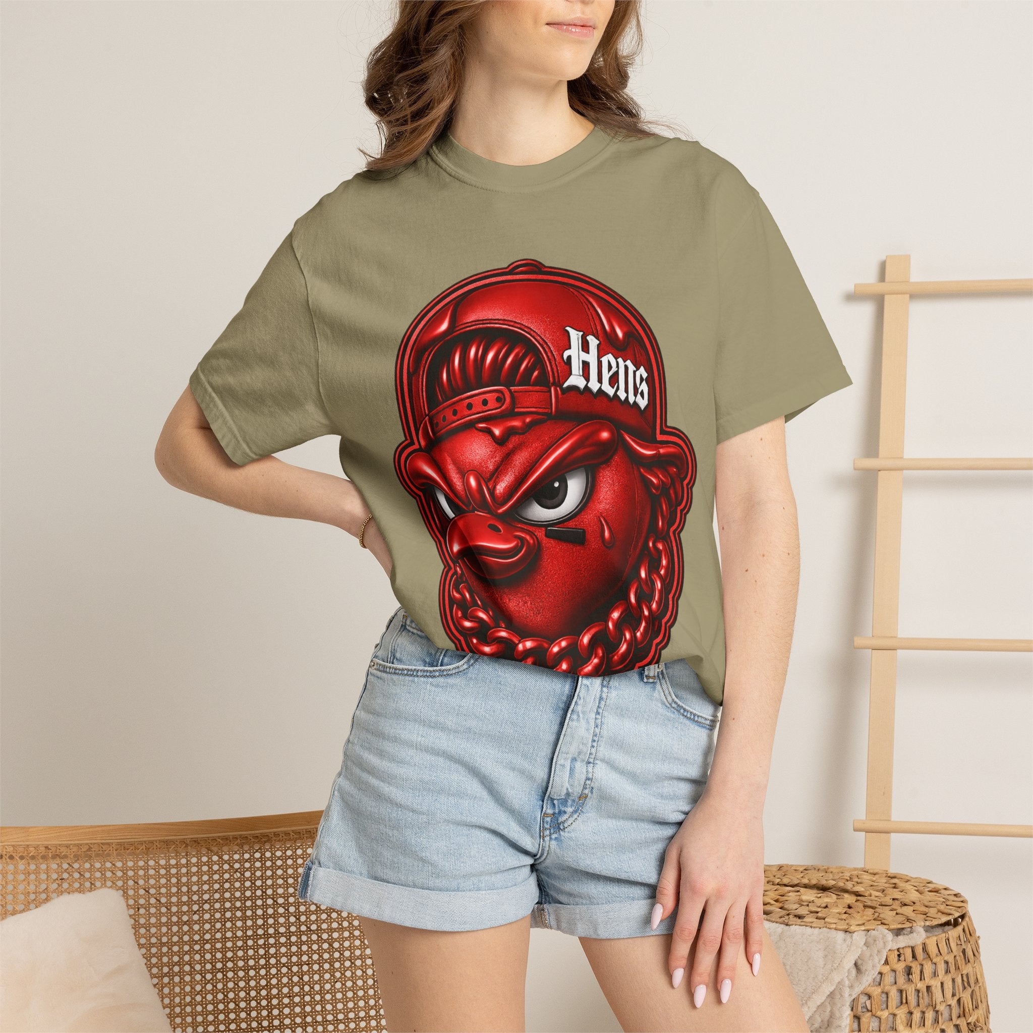 Hens Streetwear Graphic T‑Shirt — Bold Red Mascot Design