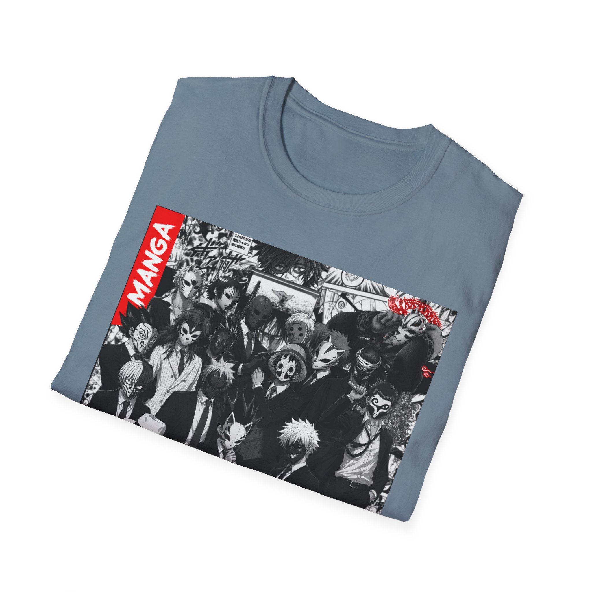Manga Characters Mask Collage T-Shirt – Black & White Anime Graphic Tee