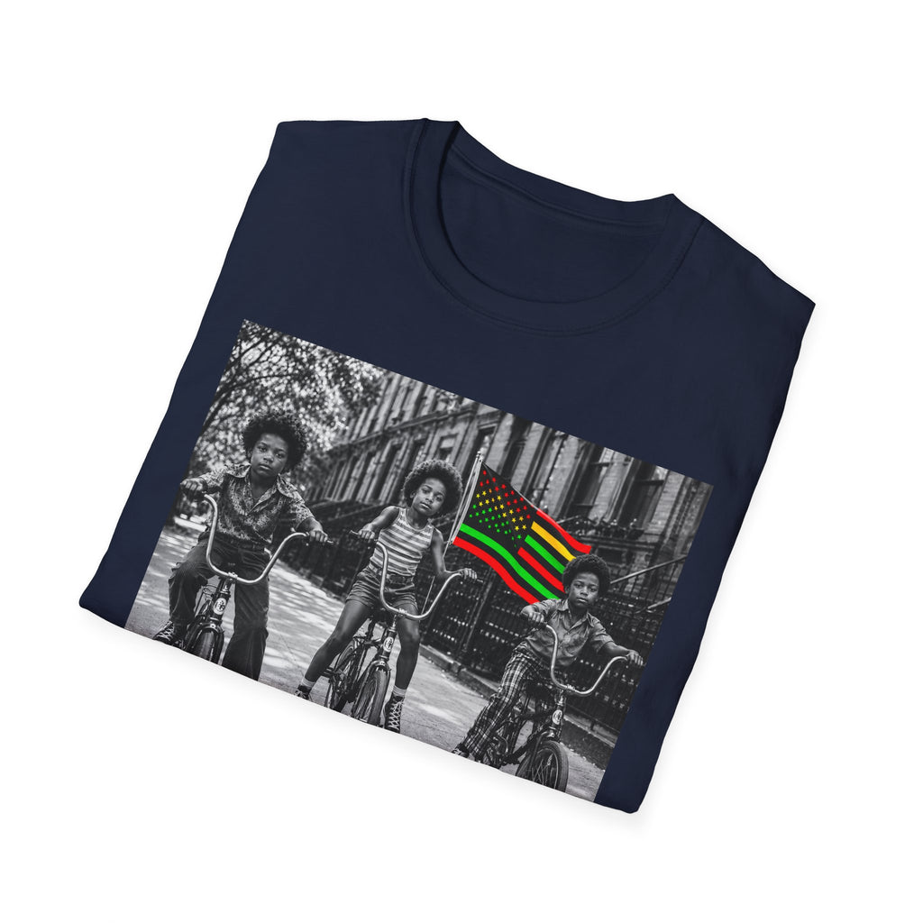 T-Shirt — Retro Black Kids on Bikes with Pan-African Flag