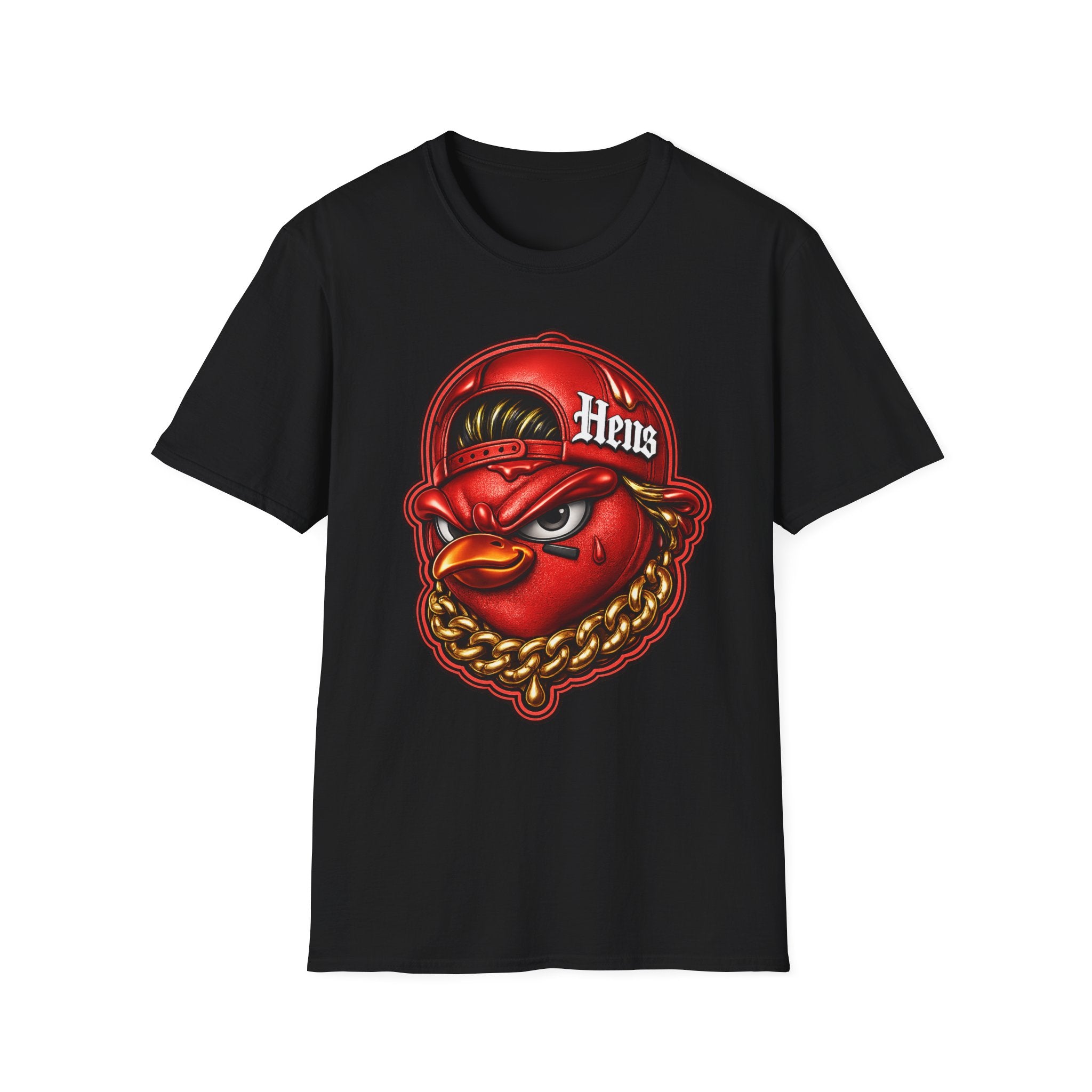 Hen Mascot Graphic T‑Shirt — Red Backwards Cap Design