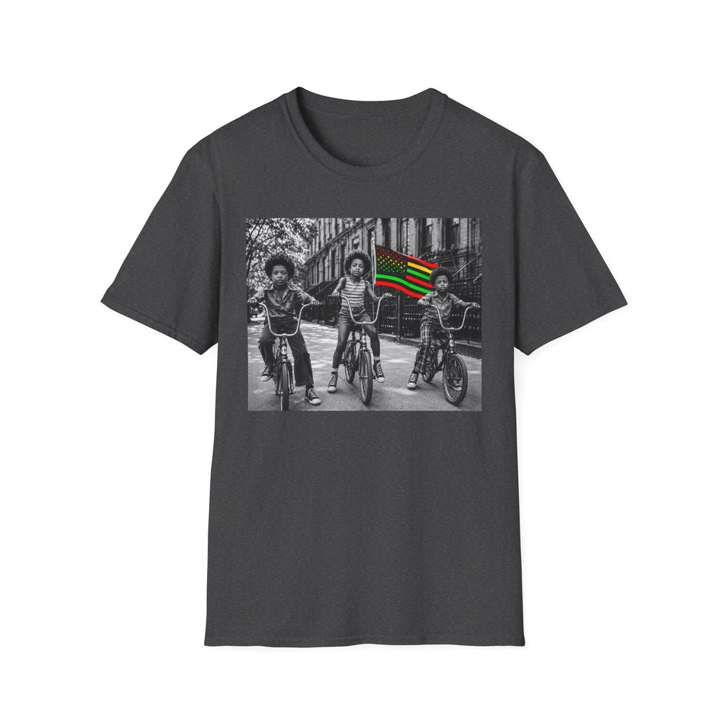 T-Shirt — Retro Black Kids on Bikes with Pan-African Flag