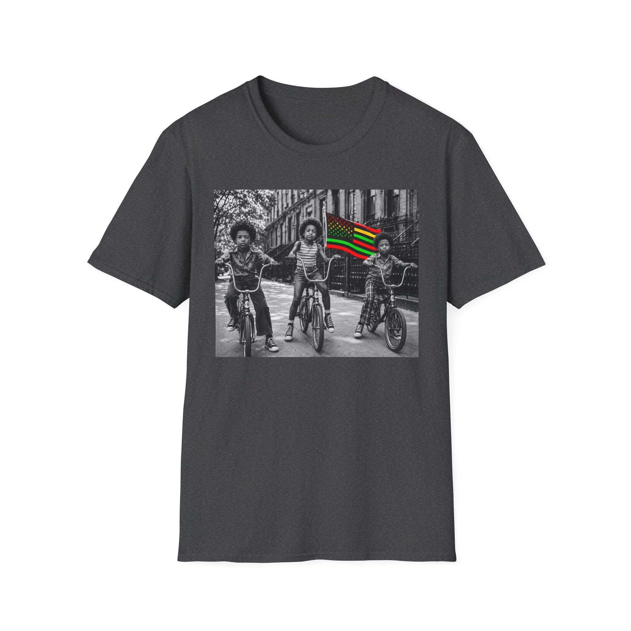 T-Shirt — Retro Black Kids on Bikes with Pan-African Flag