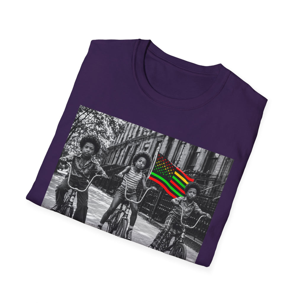 T-Shirt — Retro Black Kids on Bikes with Pan-African Flag