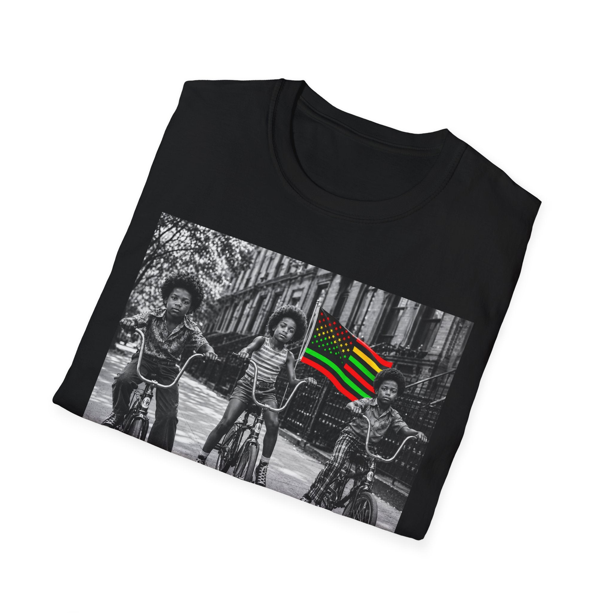 T-Shirt — Retro Black Kids on Bikes with Pan-African Flag