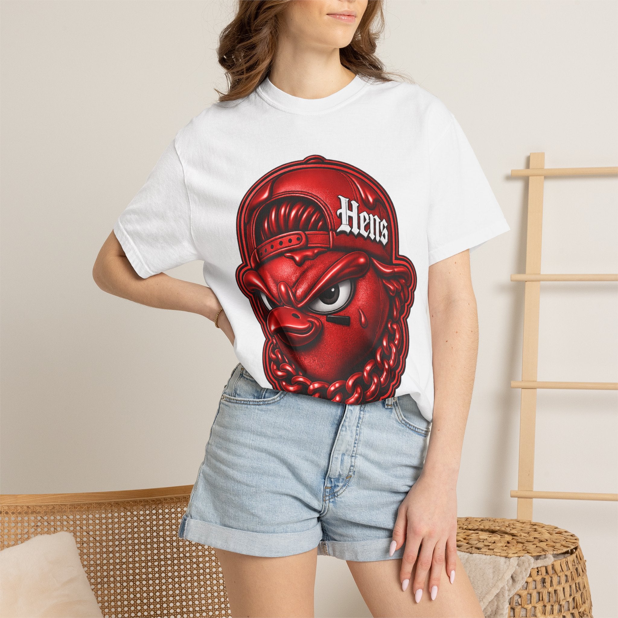 Hens Streetwear Graphic T‑Shirt — Bold Red Mascot Design