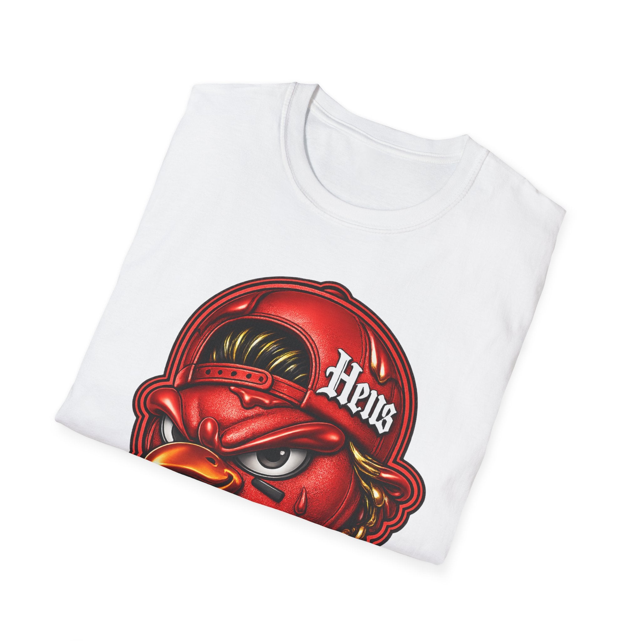 Hen Mascot Graphic T‑Shirt — Red Backwards Cap Design