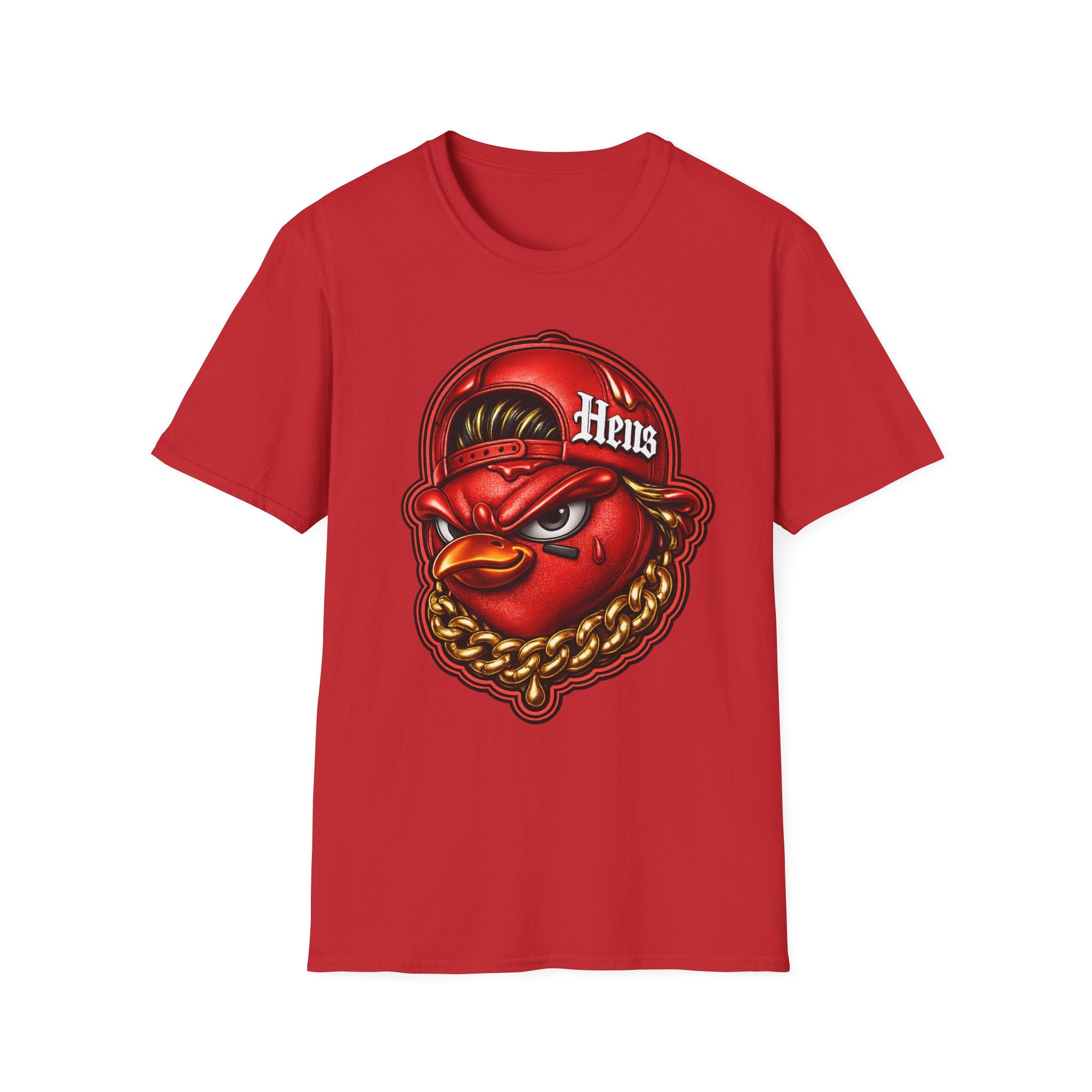 Hen Mascot Graphic T‑Shirt — Red Backwards Cap Design