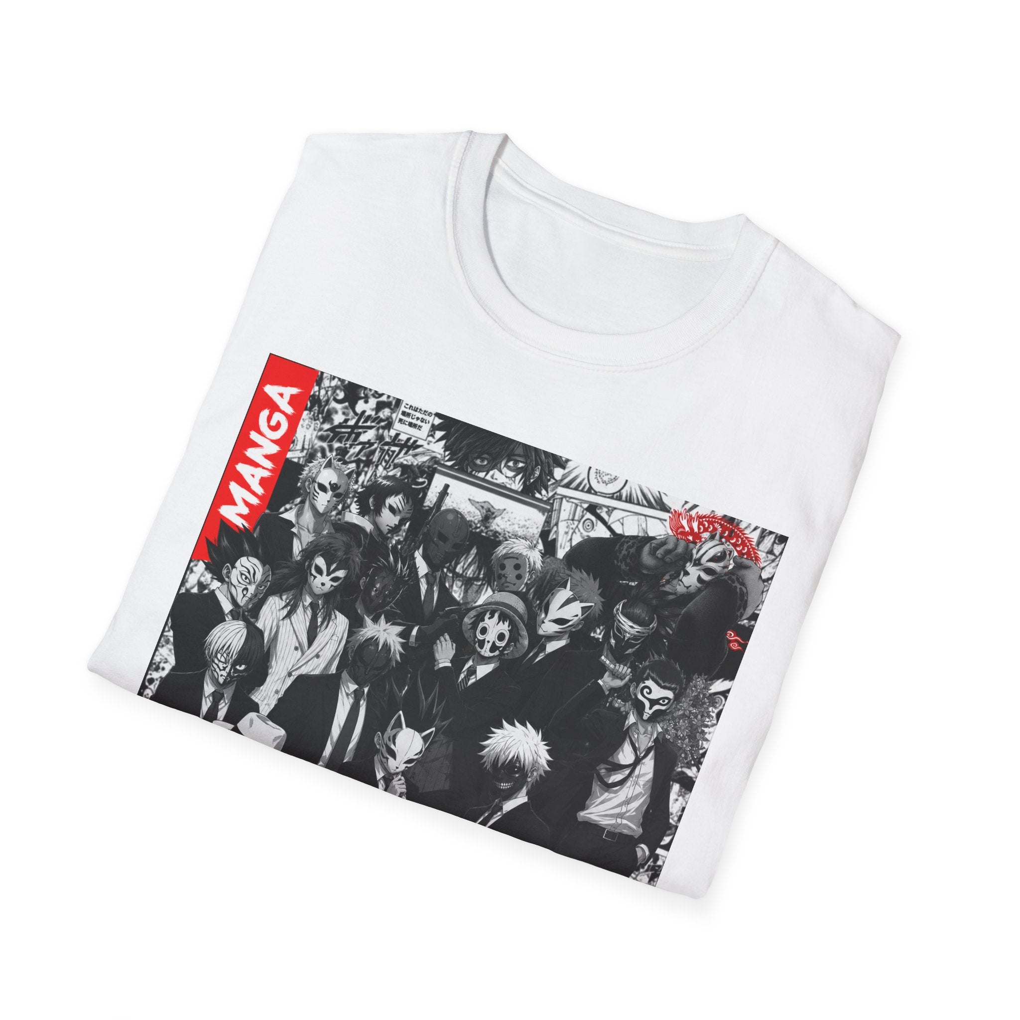 Manga Characters Mask Collage T-Shirt – Black & White Anime Graphic Tee